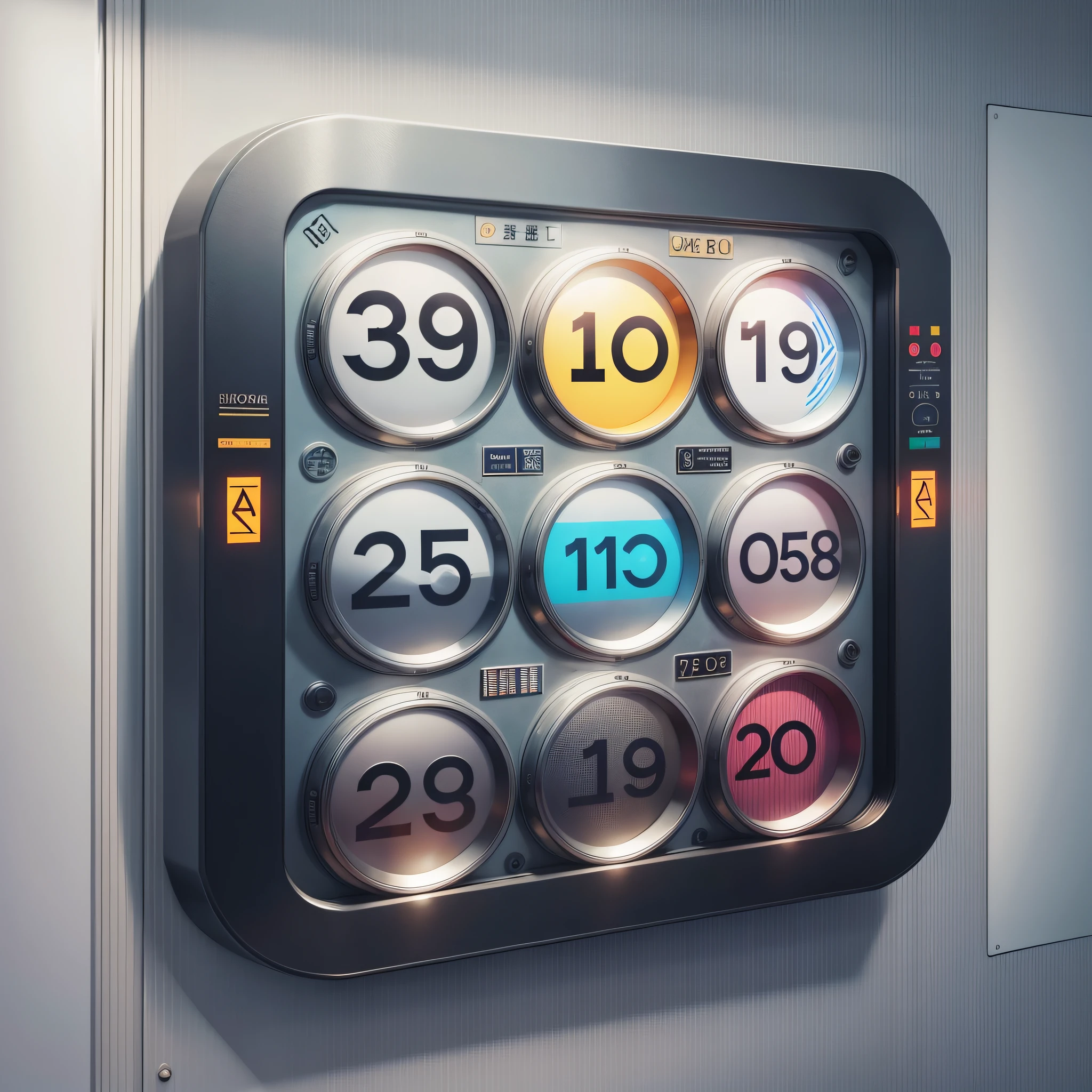 elevator button, modern, fashionable, illuminated, inside the elevator, floor number display, number, open close notation --auto --s2