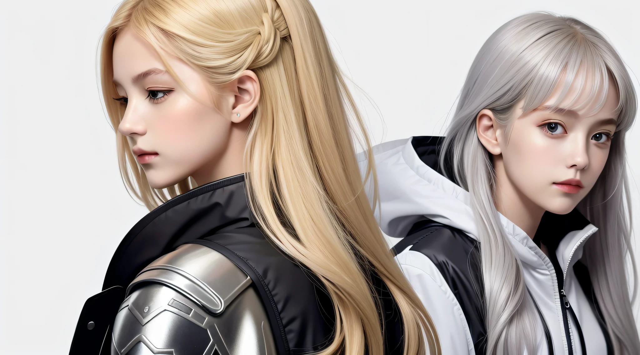 CHILDREN GIRLS BLONDE HAIR, LONG HAIR, SILVER JACKET, MASTERPIECE, BEST QUALITY, REALISTIC, BROAD SHOULDERS, SMALL HEAD, UPPER BODY, (WHITE BACKGROUND: 1.3), mouth closed.