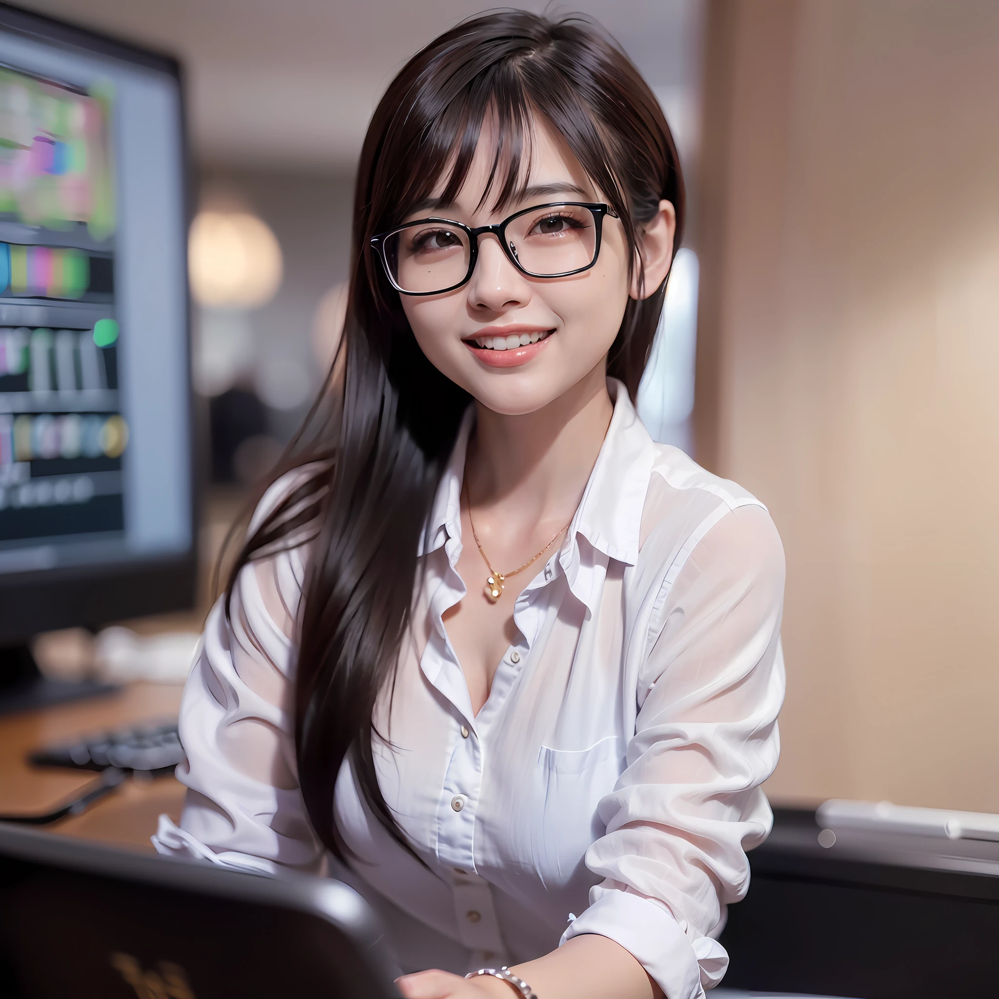 (Best Quality, Professional Photo), (Women's Professional Attire, Young White-collar Workers, Glasses with Clear Details), (Professional Programming, Office Environment, Computer Work), (Perfect Professional Image, Smile 1.3, Long Black Hair 1.3), Highlight Effects, Soft Shadows.