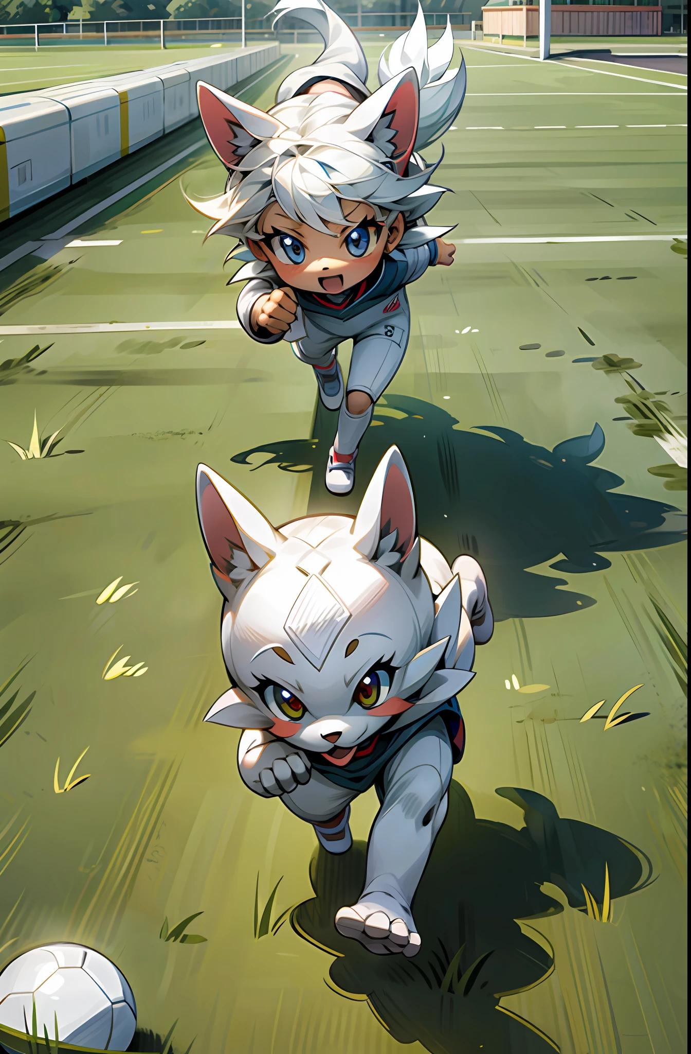 Cute white puppy running around on the grass playing with humans, sun, football, little ones