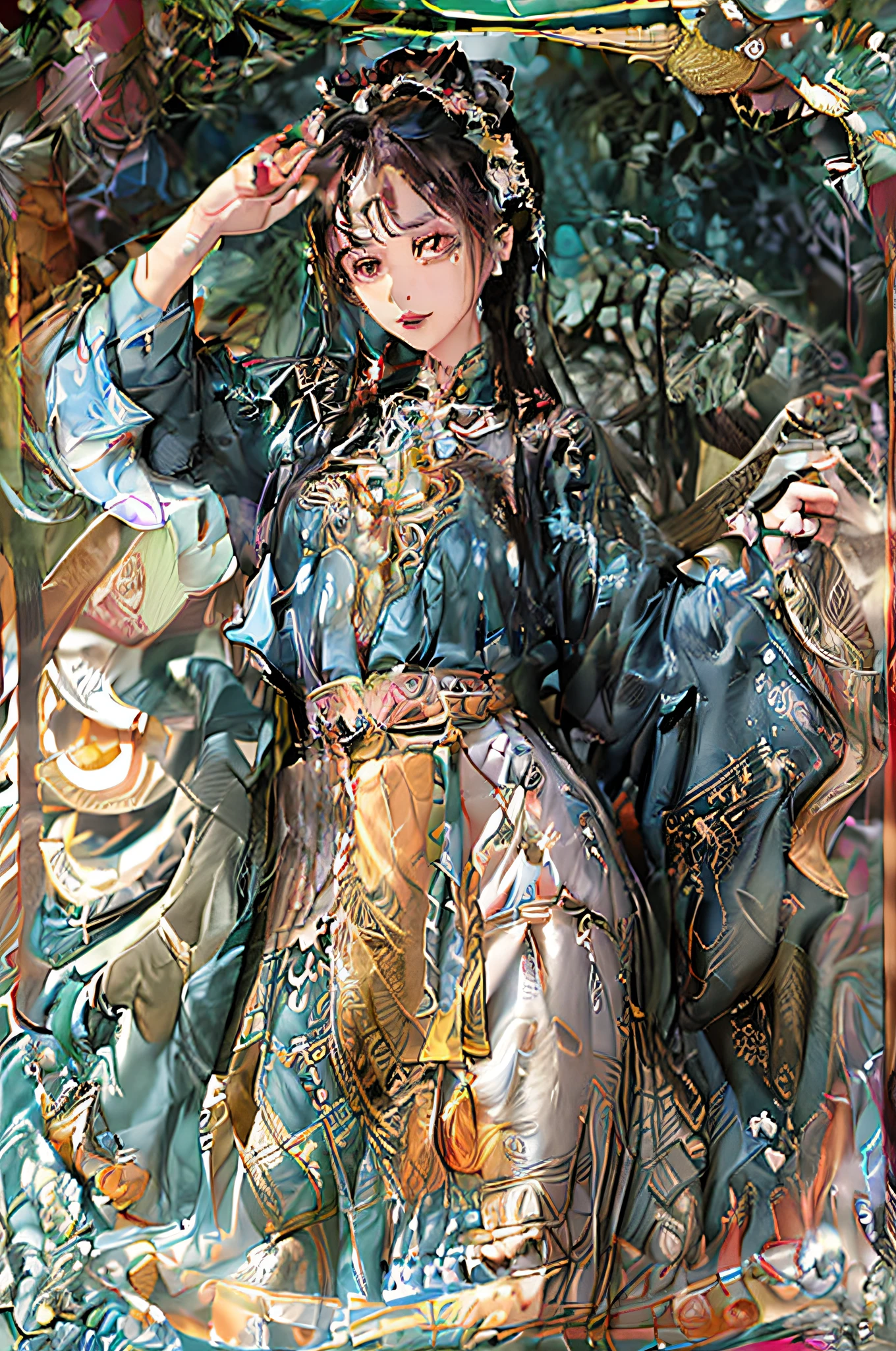 (sticker with the text "Queen of Thieves"), beautifully decorated full border with edges, top view of tarot cards, lady illustration in the lake, mystery, wearing tattoos, rectangular border, art stand trend (vector art), fabian perez, detailed realistic professional art masterpiece, (professional t-shirt design)