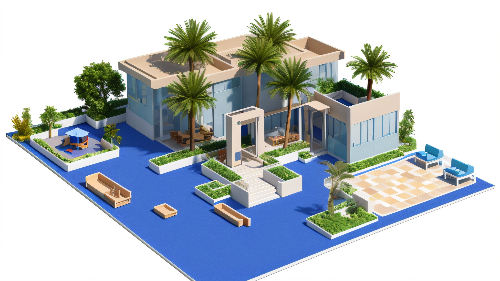 Desktop ornaments, nursing home sand table model, interactive model, map layout, house, pavilion, chess and card room, garden, room, outdoor interactive sand table model, isometric style, accurate 120 degrees, poly art, stylized 3D rendering, sand table model, 3D stylized scene