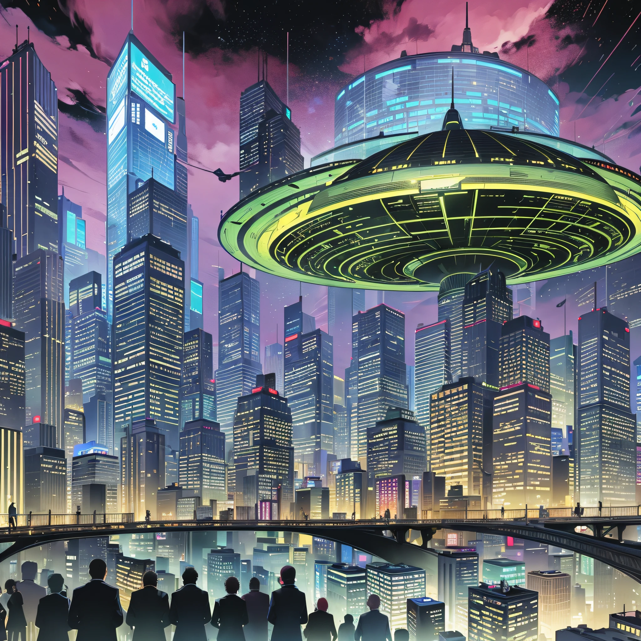 A UFO landing in a bustling cityscape, towering skyscrapers casting long shadows over the streets, a crowd of people gathered in awe and fear, aliens emerging from the spacecraft, their otherworldly appearance contrasting with the urban environment, Illustration, using a comic book style with bold lines and vibrant colors --auto --s2