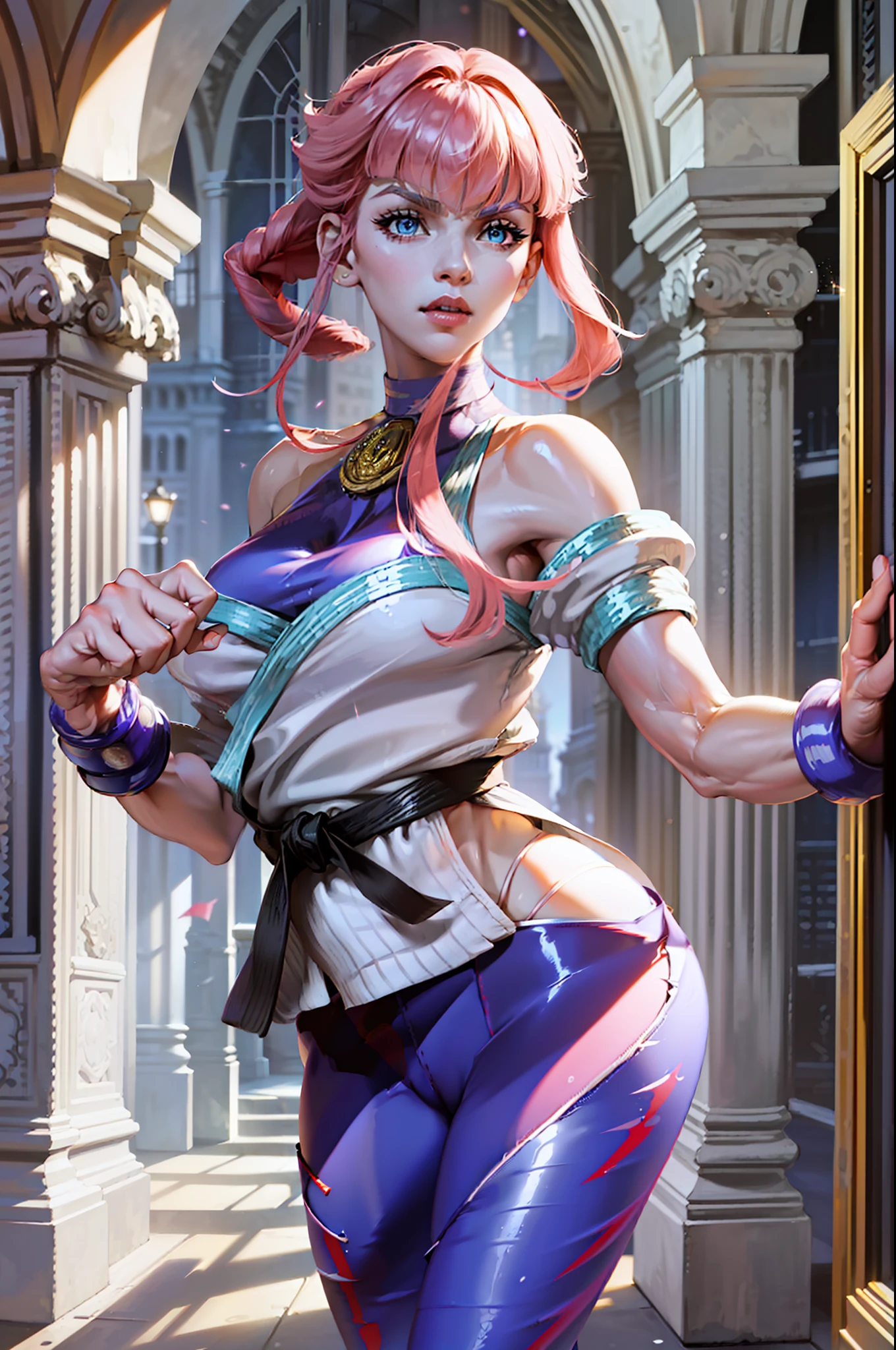 ((Best Quality, 8K, Masterpiece: 1.3)), (Fractal Art: 1.3), ((A Manon in line with Street Fighter 6 official, doing the opening action of the game)), Short pink shiny hair, (Manon wearing a Street Fighter 6 costume), European French, supermodel_body and face, 30 years old, mature, detailed face, detailed skin texture, angular face, (long eyes: 1.2, large eyes, Obvious eyelids, long eyelashes), feminine expression, confident expression, long legs, perfect body proportions, (small breasts, small and hard), (fitness figure, with obvious muscles), pink nails, perfect facial features, symmetrical face, high nose bridge, three-dimensional, very elegant movements, noble temperament, full of confident eyes shining, best light, ray tracing, photon mapping, (in the distance is the Eiffel Tower, Baroque architecture, walking the red carpet in front of the palace, celebrities shooting magazines, the focus of the audience, There are super many reporters on both sides of the red carpet, night, night, lively lights), official illustrations (the texture of fine clothes), (shot with a DSLR camera from a distance, from top to bottom shooting angle), complex reflections, the blingbling golden and sliver glitter on the body: 1.6, shining because of reflections Very dazzling)