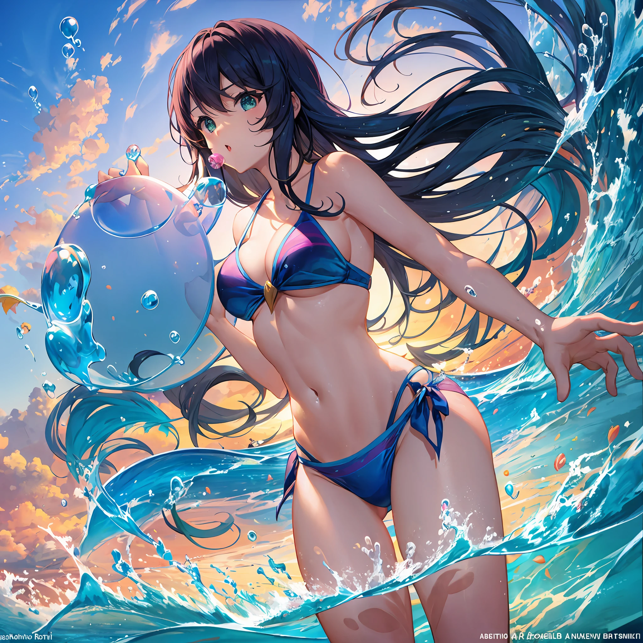 Draw a girl in a bikini playing in shallow water with the sunset over the tropical sea in the background. Describe her blowing bubbles in the water or jumping with the fish. Perfect Anatomy