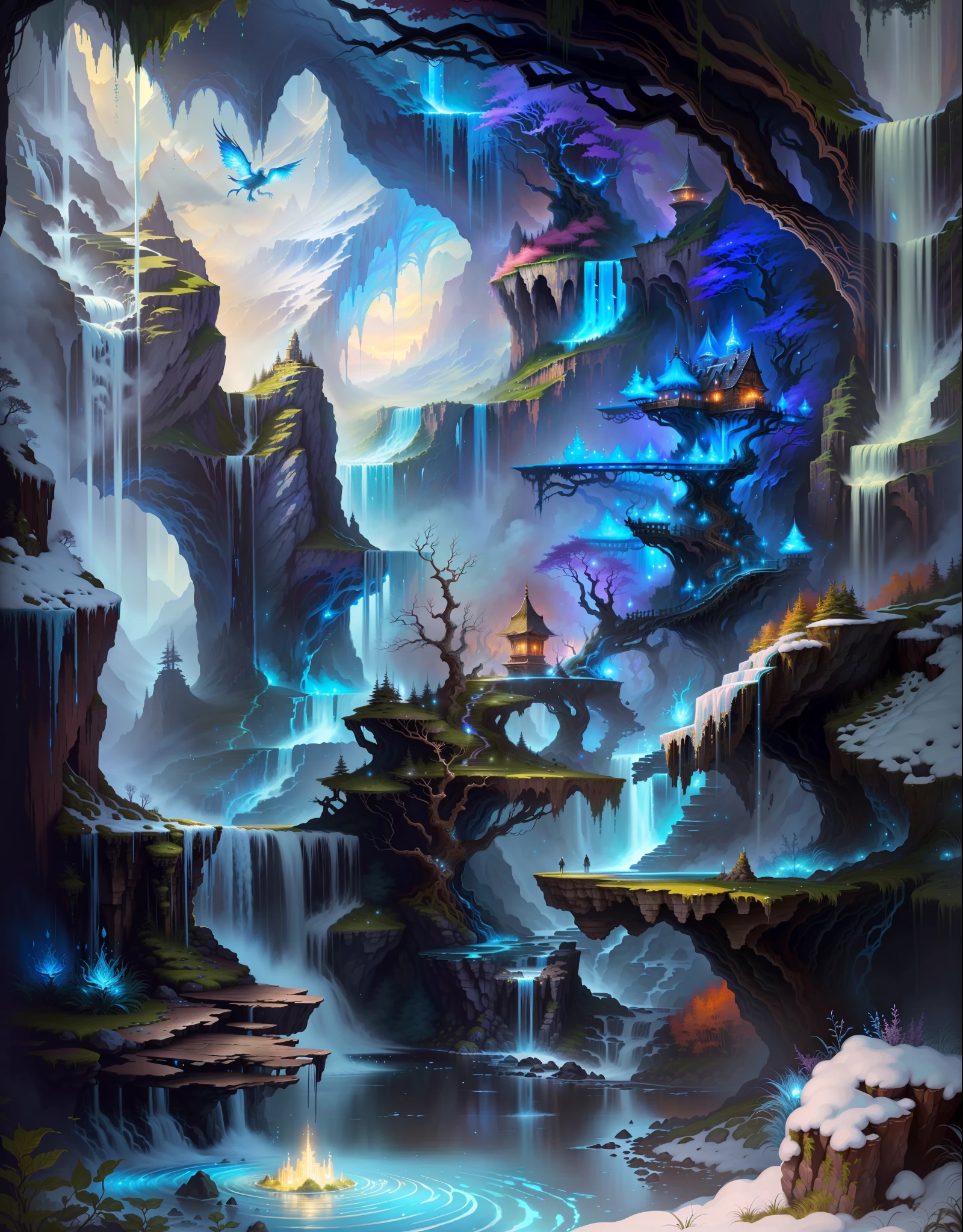 a painting of a waterfall with a waterfall in the middle, detailed fantasy digital art, magic fantasy highly detailed, highly detailed fantasy art, beautiful detailed fantasy, magical environment, magical background, magical landscape, intricate fantasy painting, detailed fantasy art, detailed dreamscape, fantasy highly detailed, detailed fantasy illustration, 4k highly detailed digital art, beautiful fantasy painting, magical fantasy forest