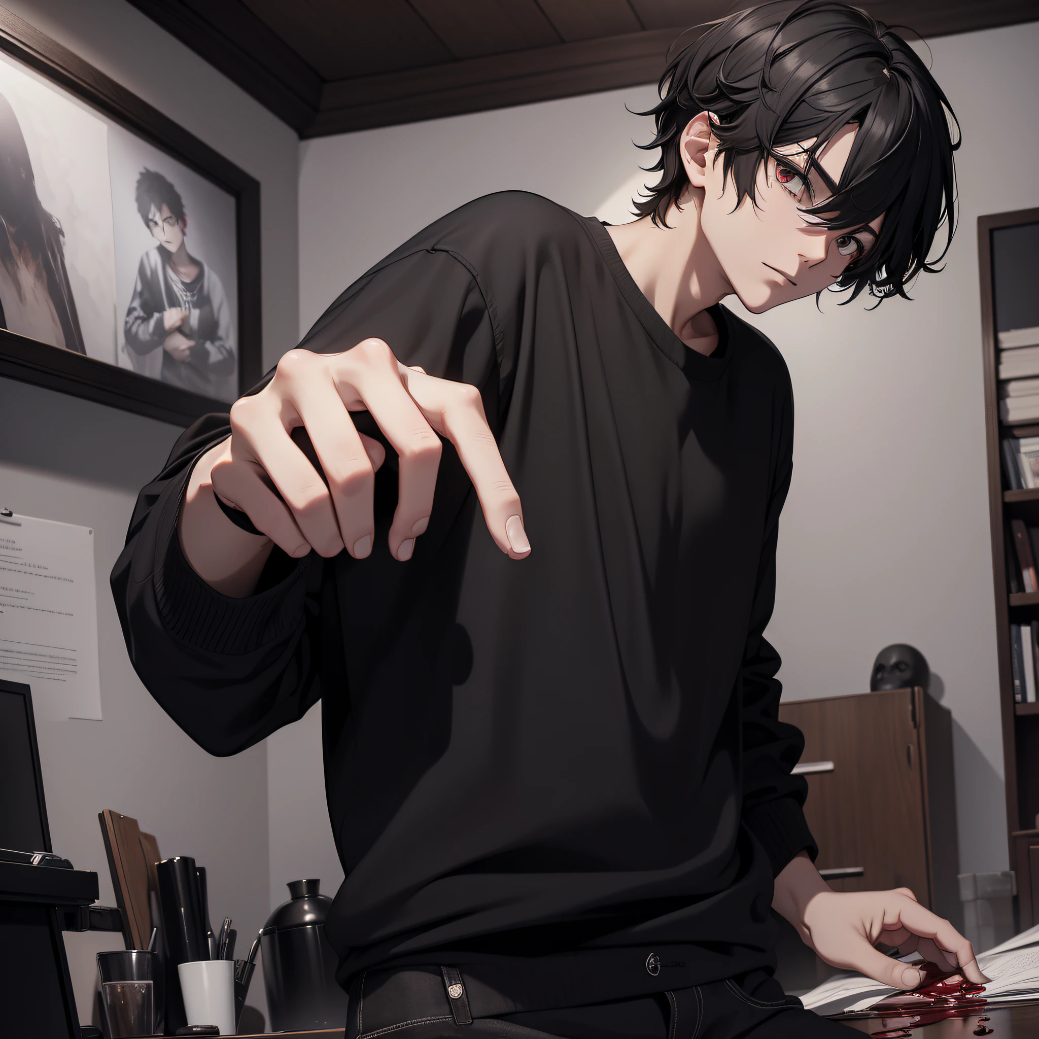 Absurd resolution, high resolution, (masterpiece: 1.4), hyperdetail, young man messy short black hair, black casual clothes, spooky room, looking at hands, blood (1.2)