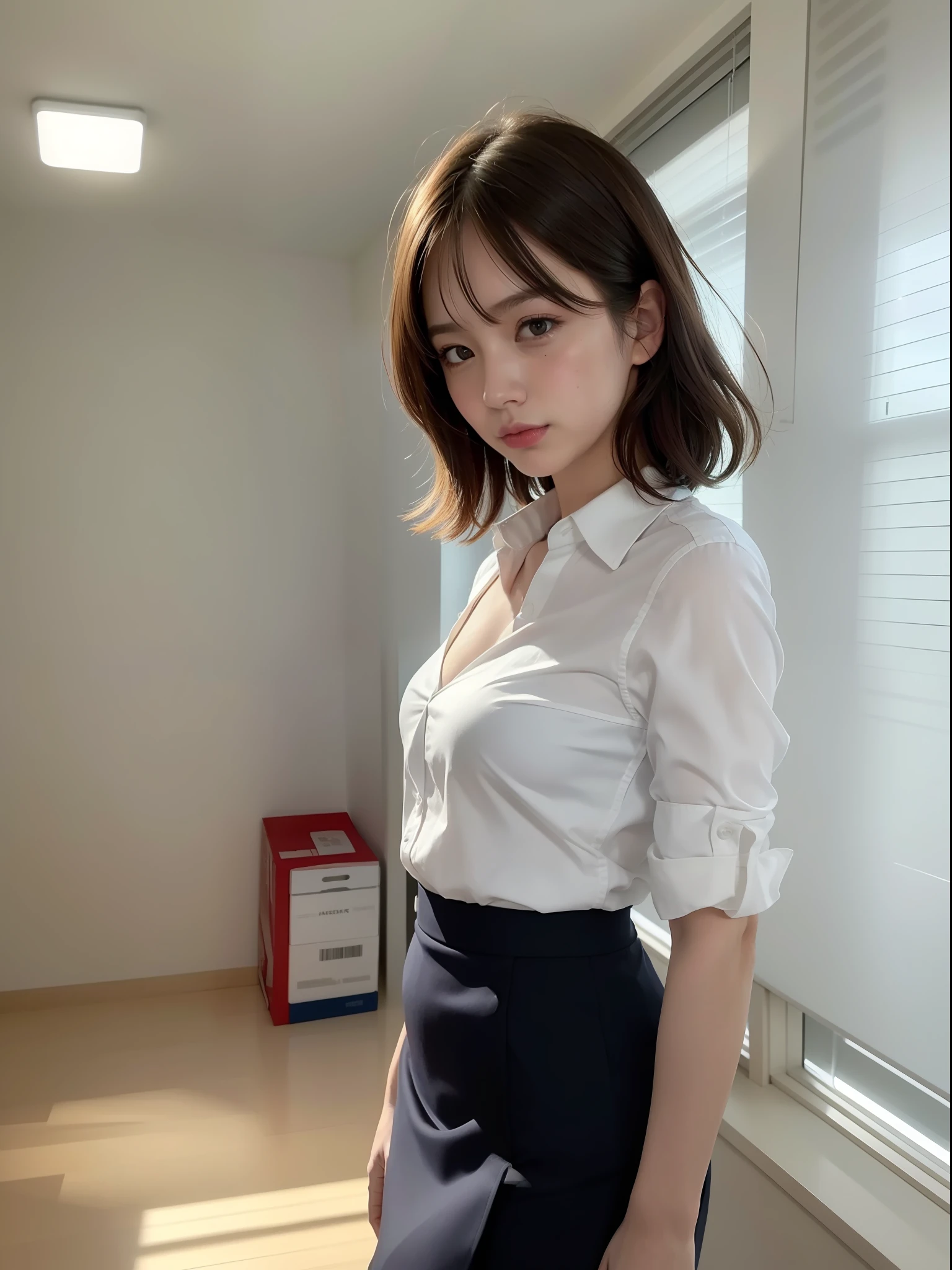 ((Best quality, 8k, Masterpiece: 1.3, raw photo)), Sharp focus: 1.2, (1 AESPA girl: 1.1), (realistic, photo-realistic:1.37), face focus, cute face, kindness, small breasts, flat chest, brunette short messy hair, standing, looking back, business suit skirt, white shirt, office room, sunlight, cinematic lighting