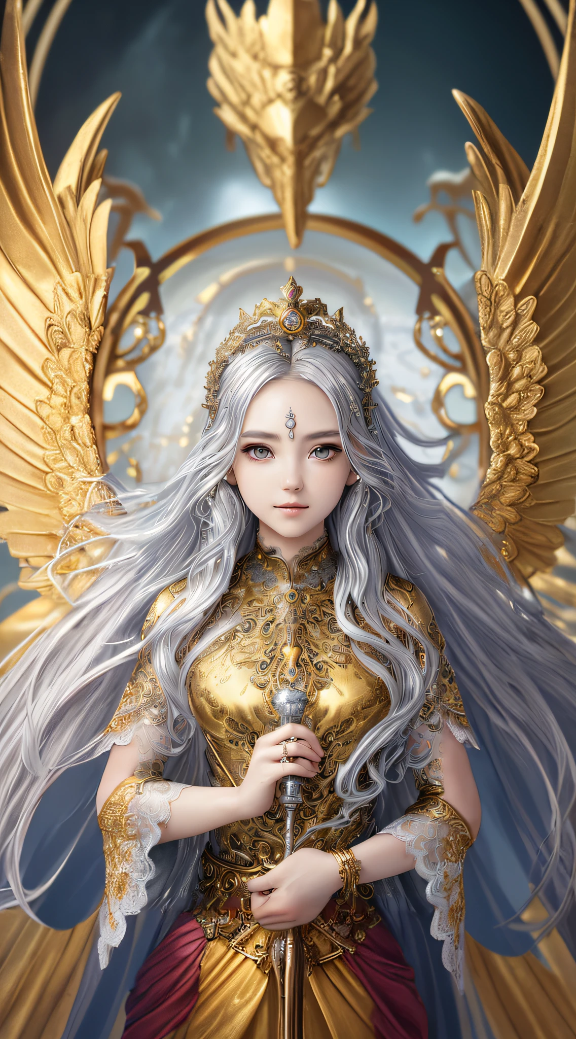 Close-up of a woman holding a sword in a golden dress, a beautiful fantasy queen, ((a beautiful fantasy queen)), a goddess. Extremely high detail, detailed fantasy art, 8K high quality detail art, fantasy art style, super detailed fantasy characters, detailed fantasy digital art, detailed digital animation art, 2. 5 D CGI anime fantasy artwork, golden angel roulette on head, Athena halo