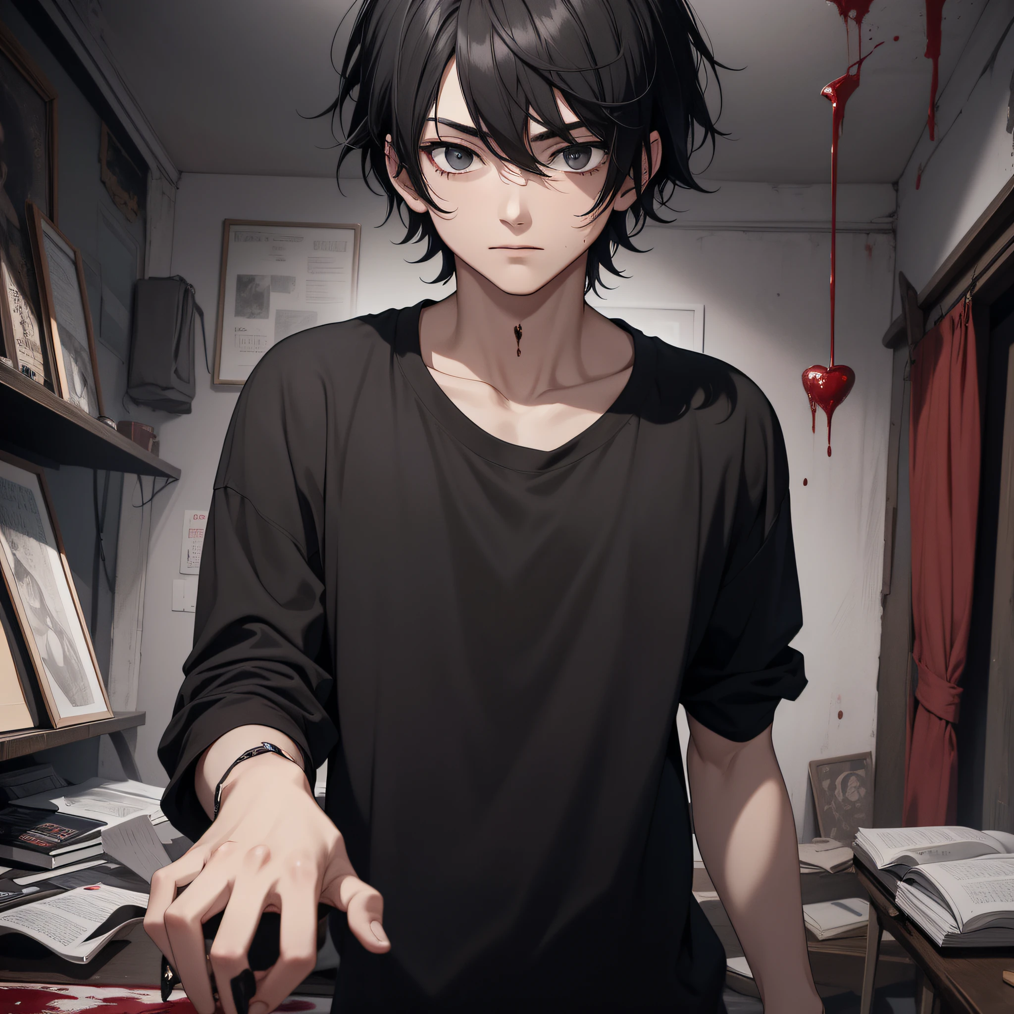 Absurd resolution, high resolution, (masterpiece: 1.4), hyperdetail, young man messy short black hair, black casual clothes, spooky room, looking at hands, blood (1.2)