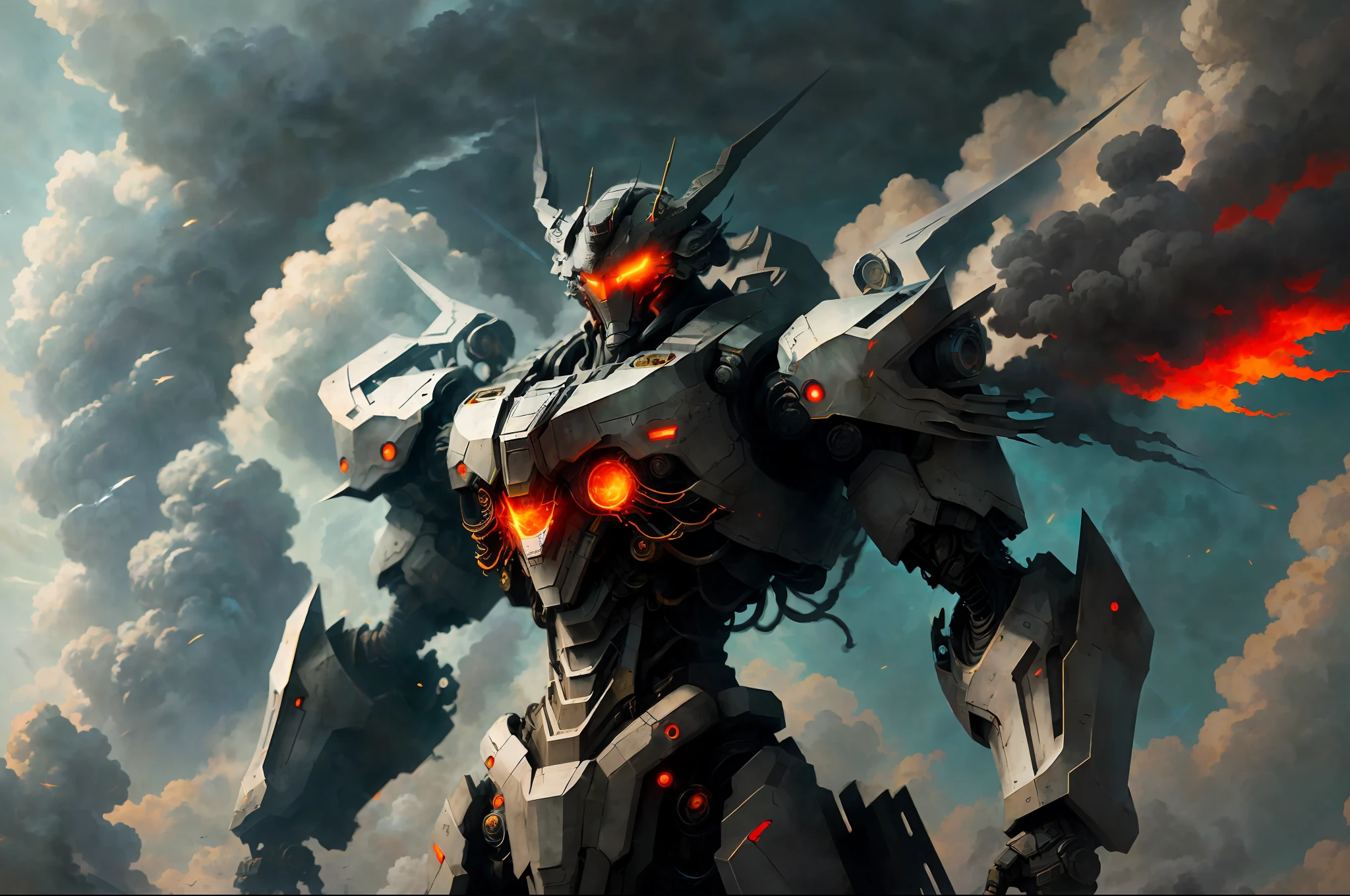 1robot glowing , towering into the clouds, mecha \(mjstyle\) zhongfenghua, ((high contrast, flat color)), omit detail, smoke, flame, explosion, mastery, high quality, ( dynamic angle, dynamic pose )), weapon, lens glare