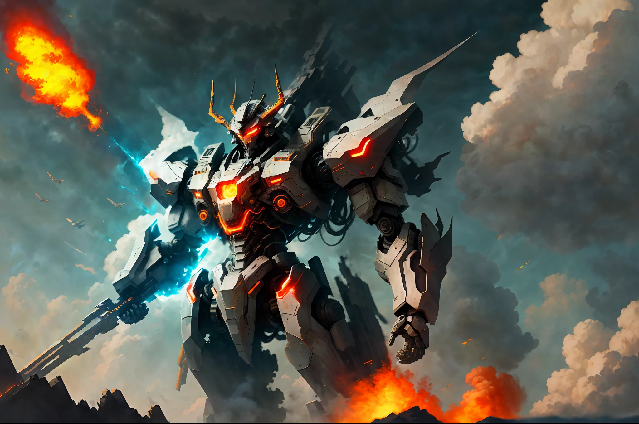 1robot glowing , towering into the clouds, mecha \(mjstyle\) zhongfenghua, ((high contrast, flat color)), omit detail, smoke, flame, explosion, mastery, high quality, ( dynamic angle, dynamic pose )), weapon, lens glare