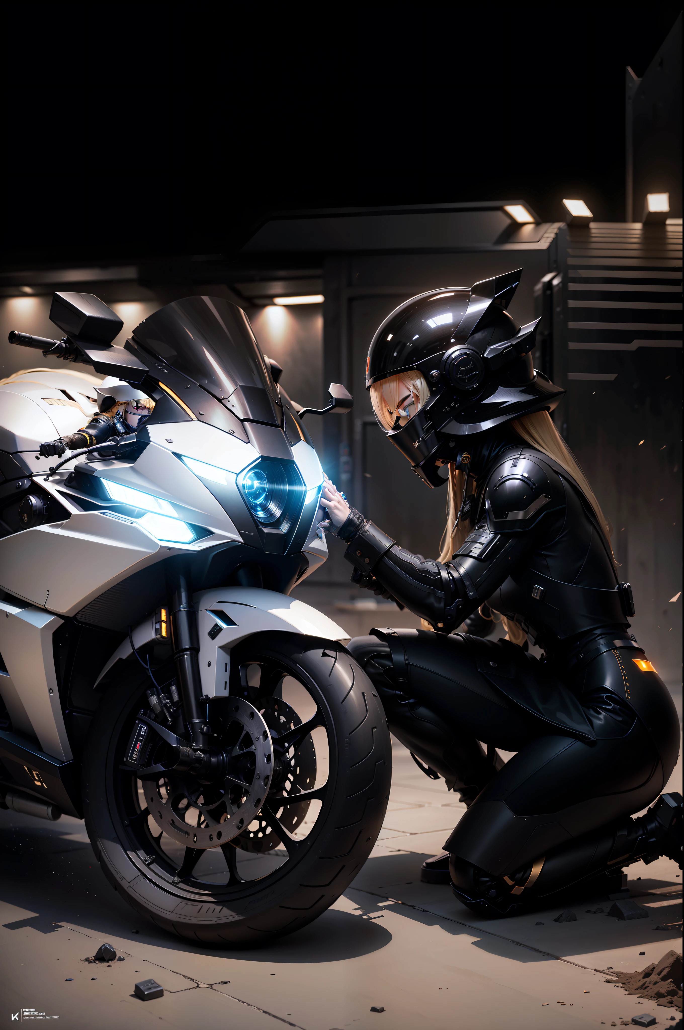 Black tech helmet, blond flowing long hair, sexy black mechanical clothes long blonde sailor holding cyber mechanical motorcycle with both hands, blonde flowing long hair, black full enveloping helmet, Nousr, biomechanics, mshn robot man, high-tech helmet, surreal, steel, complex design, crazy details, fine details, extremely clear lines, cinematic lighting, photo realisticity, detailed masterpiece