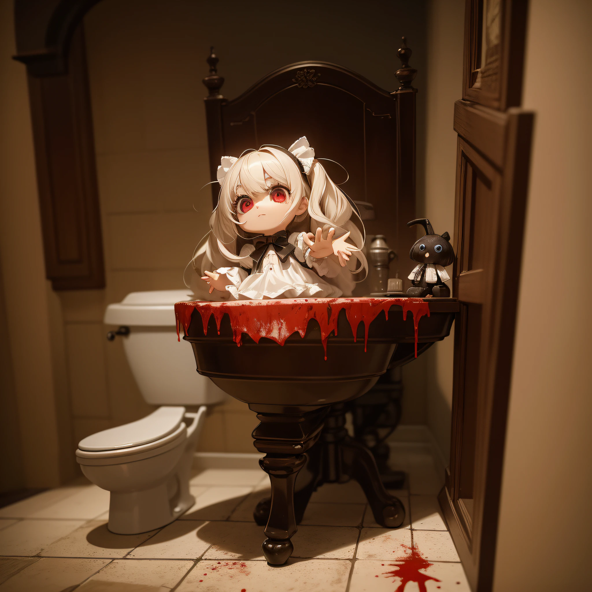 Absurd resolution, high resolution, (masterpiece: 1.4), hyper-detail, spooky toilet, 10 cm very mini tiny ragdoll (1.3), dark scary, blood