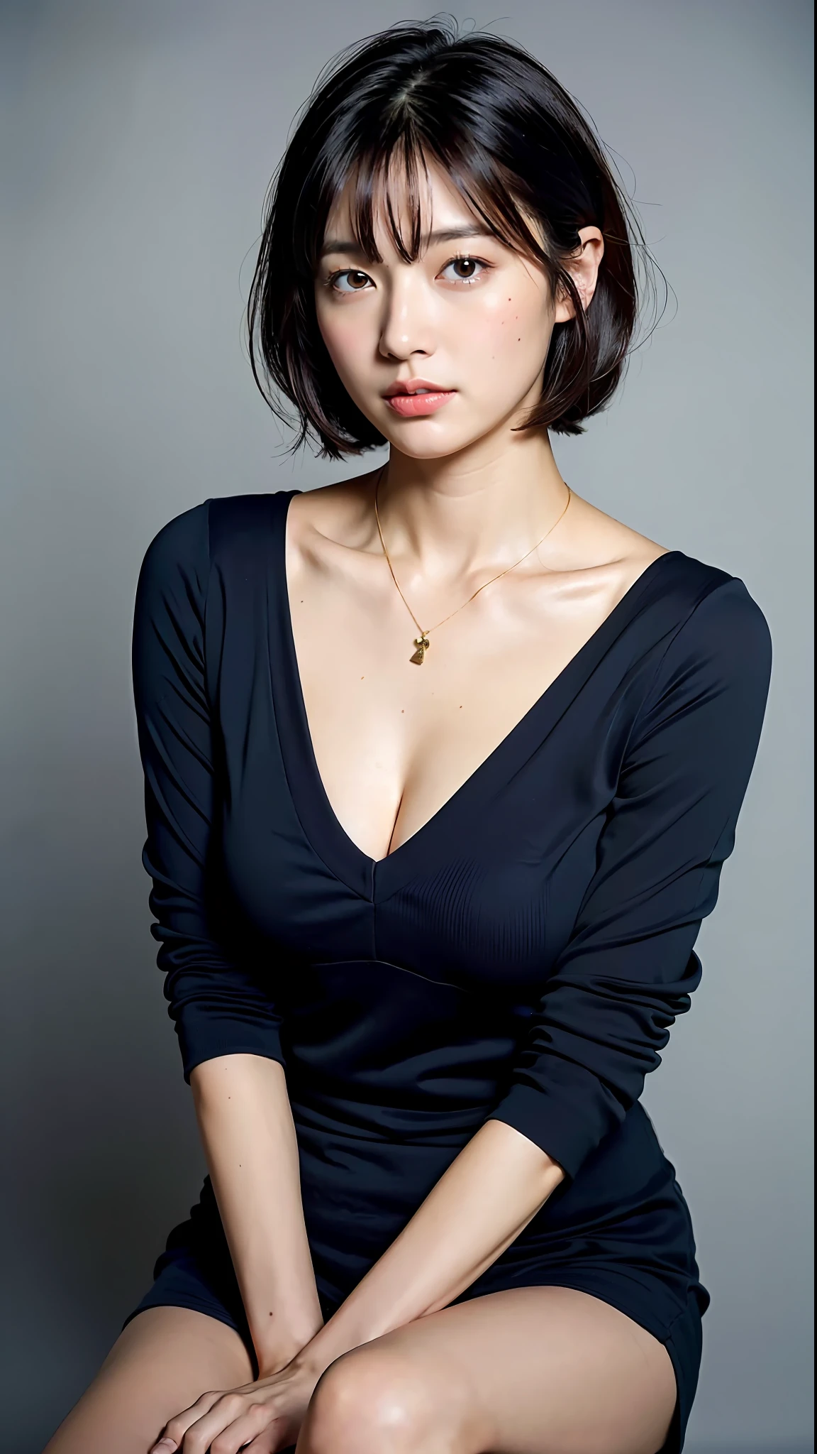 (Best Quality, 8k, 32k, Masterpiece, UHD: 1.2), Cute Japan Woman Pictures, Big, Very Short Bob Hair, Upper Body, Face Focus, Police Officer Uniform, Necklace, Simple Background, Look at Viewer, Show Cleavage, (Knee Bent Leg Sitting)