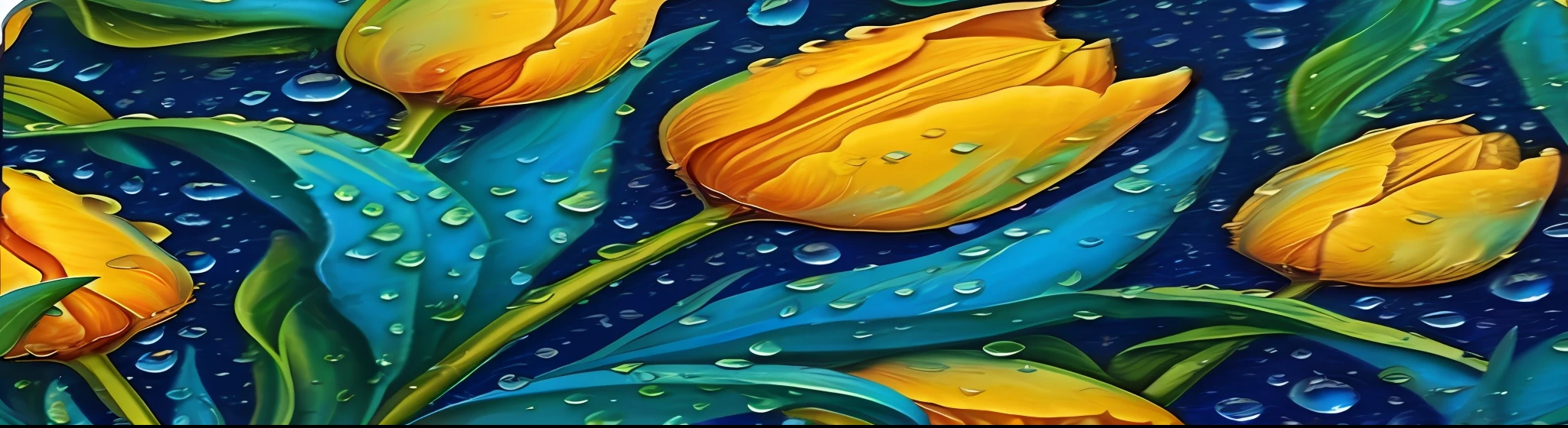 yellow tulips with water drops on them on a blue background, details and vivid colors, detailed painting 4 k, background artwork, wallpaper mobile, artistic depiction, psychedelic droplets of water, tulip, close-up!!!!!!, drops, vibrant art, tulips, mobile wallpaper, detailed droplets, vibrant color details, vibrant colors, artistic 4 k, closeup - view