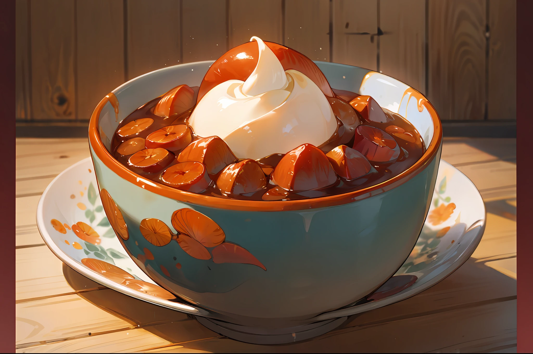 There was a reishi in the bowl and a food was written on the bowl