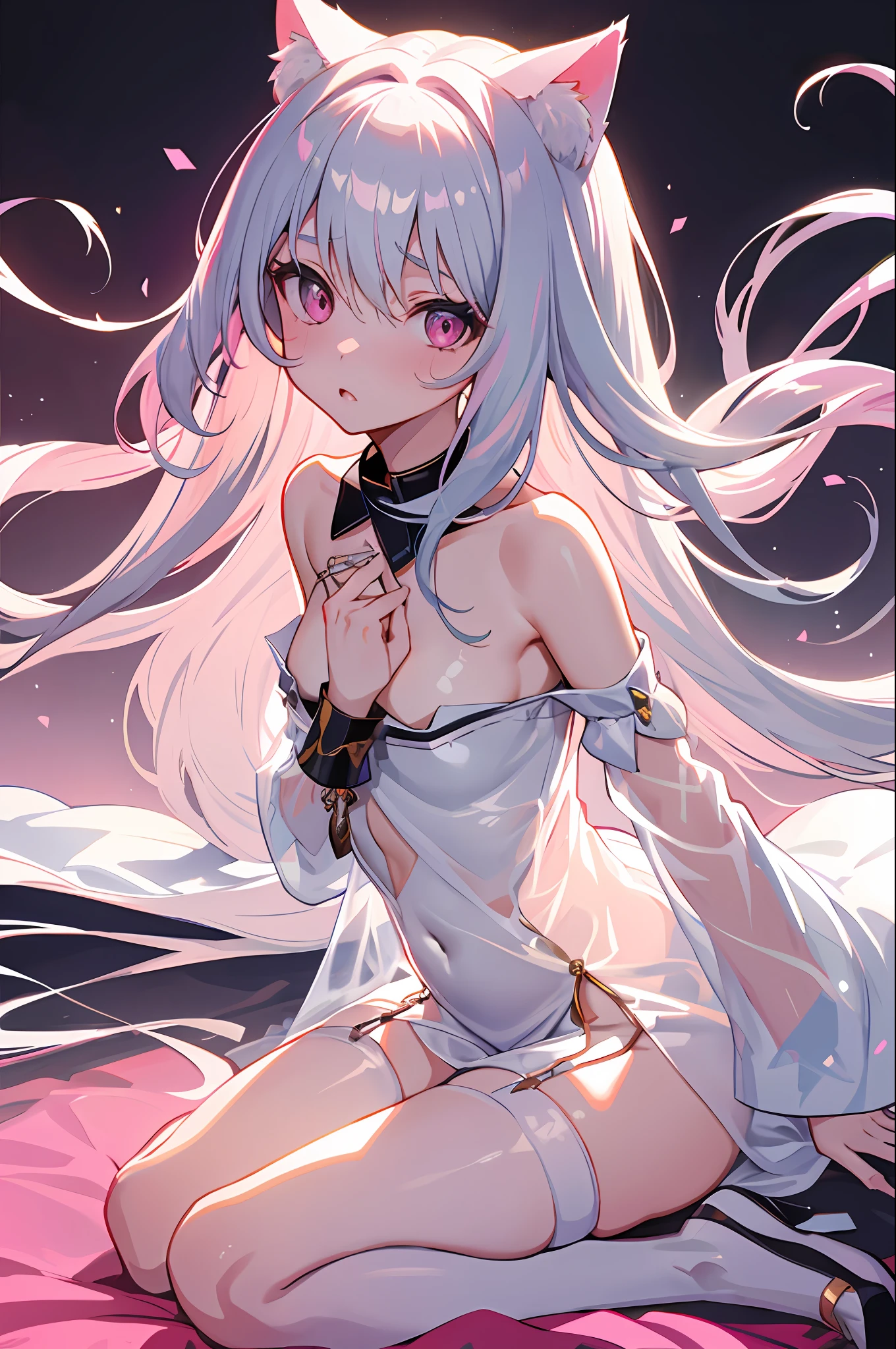 Best Quality, One Girl, Warm Lighting, Silver Top of Hair and Pink Tips, Cute, Anime, Sheer White Skin, Asian Girl, Full Body, Sensual, Gentle Eyes, Cat Ears, Animation, Fantasy, Seductive, Embarrassed, 14 Years Old, Frightened, White Dress, Collar, Tail, Wizard, Fantastic, Garter Belt, Portrait, See-through, Shirtless, Hide Breasts with Hair