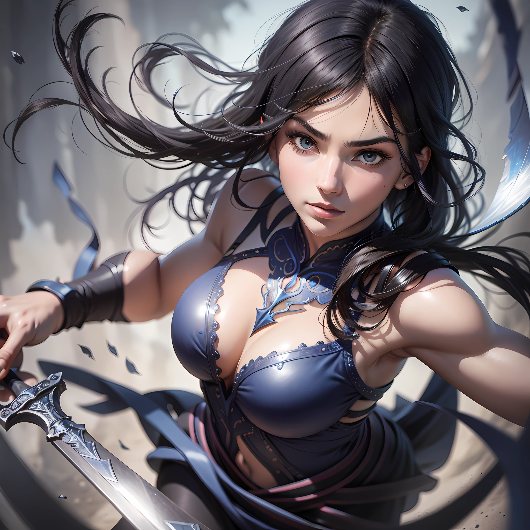 Best Quality, 8k, Masterpiece: 1.3)), (One: 1.4), Arafard's blue dress woman holding a sword waving image, portrait photography, high contrast, God perspective, aperture F1.2, focal length 24mm, ( Full body: 1.2), simple cut, long black hair, hair tied up, ultra-detailed skin details, detailed fabric texture, heroic posture, gripping double knives