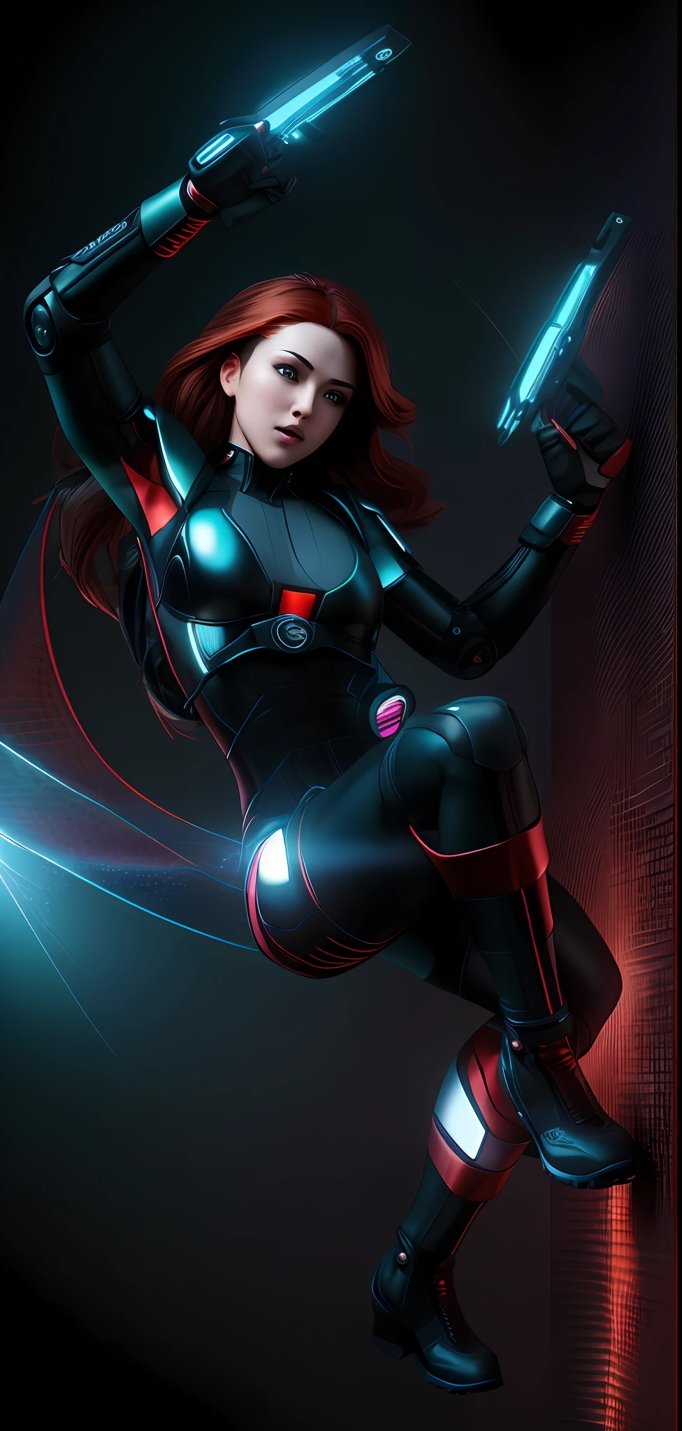 ((Best quality)), ((masterpiece)), (detailed: 1.4), 3D, an image of a beautiful cyberpunk woman with thick and voluminous red hair, dynamic pose, jumping, with open arms, holding two cyberpunk weapons, on light blue neutral background, red latex suit, nylon bodystocking, red boots, light particles, chaos of pure anti-technology energy, HDR (High Dynamic Range), Ray Tracing, NVIDIA RTX,Super Resolution,Unreal 5,Subsurface Scattering,PBR Texture,Post-Processing,Anisotropic Filtering,Depth of Field,Maximum Clarity and Sharpness,Multilayer Textures,Albedo and Specular Maps,Surface Shading,Accurate Light-Material Interaction Simulation,Perfect Proportions,Octane Render,Two-Tone Lighting,Wide Aperture,Low ISO,White Balance,Rule of Thirds,8K RAW --auto --s2