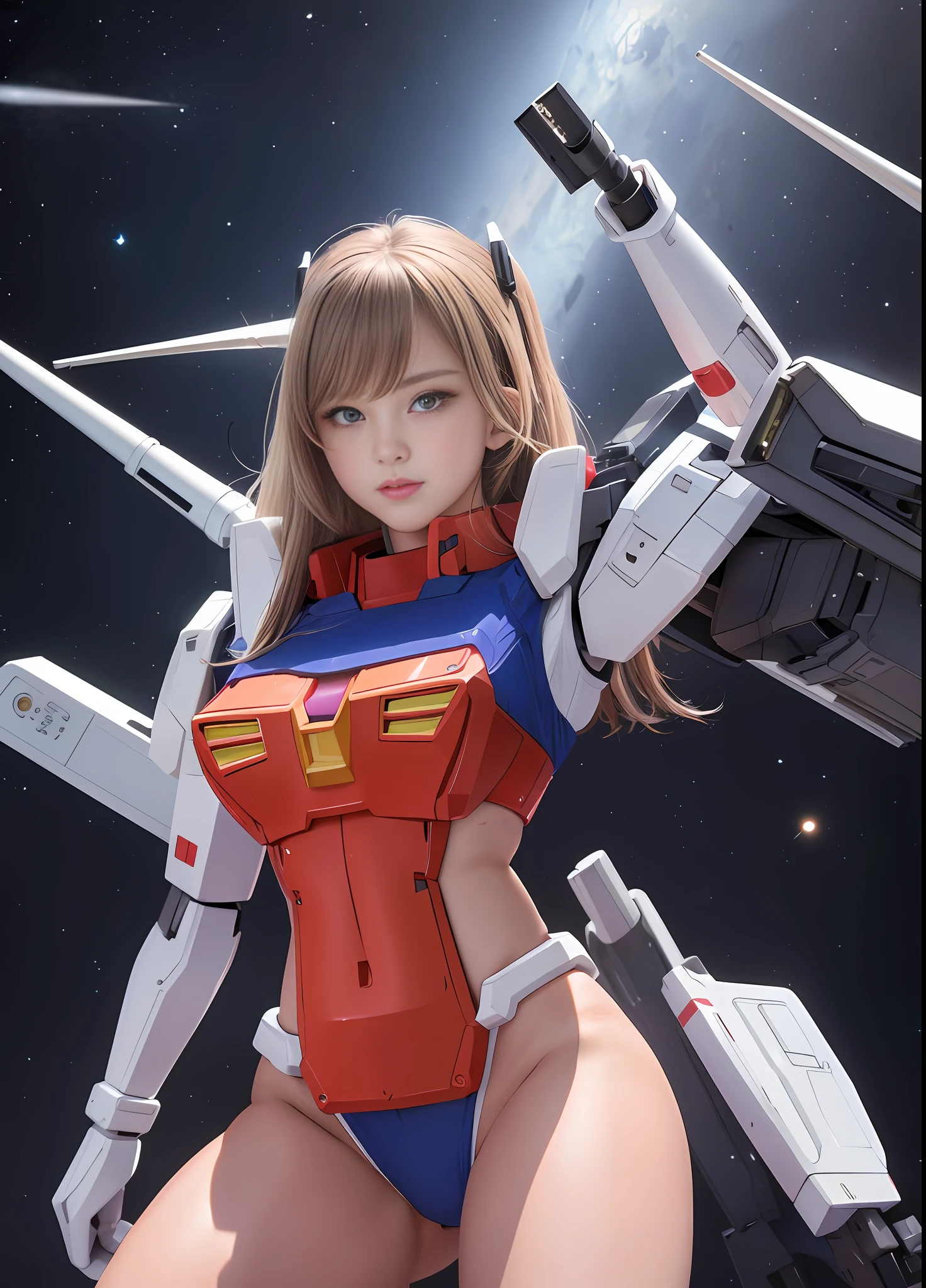 (top quality), (masterpiece), nsfw, personification of Mobile Suit Gundam F91, great highlights of the upper body, powerful mecha, beautiful girl with a beam rifle, petite 22 years old, baby face, modest nose and chin, neat smile, semi-long hair, drooping eyes, no panties, attractive ass, loincloth, wet and rather thick thighs, open legs, disheveled in cowgirl position, outer space, battle scene,