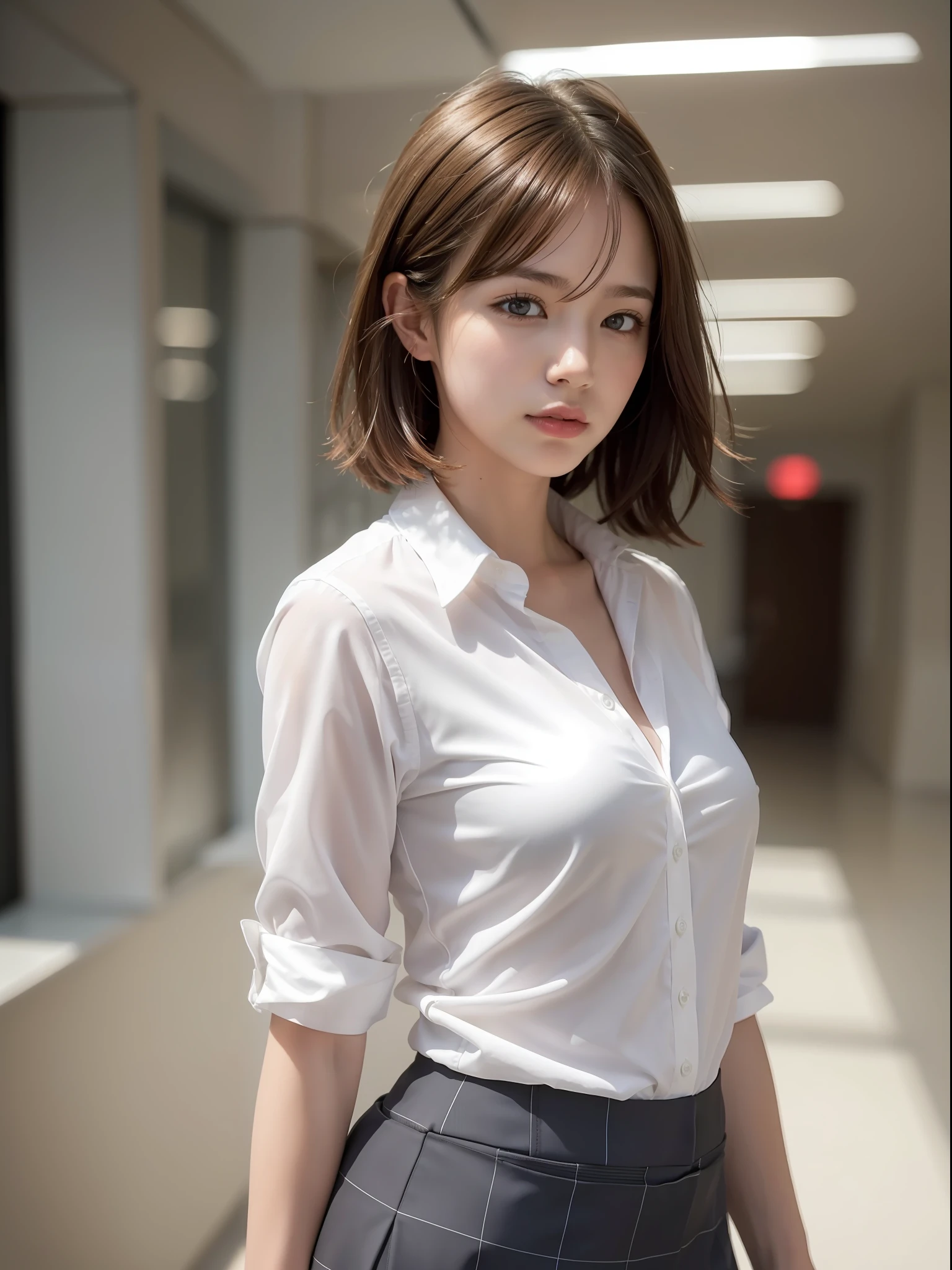 ((Best quality, 8k, Masterpiece: 1.3, raw photo)), Sharp focus: 1.2, (1 AESPA girl: 1.1), (realistic, photo-realistic:1.37), face focus, cute face, kindness, small breasts, flat chest, brunette short messy hair, standing, looking back, business suit skirt, white shirt, office room, sunlight, cinematic lighting