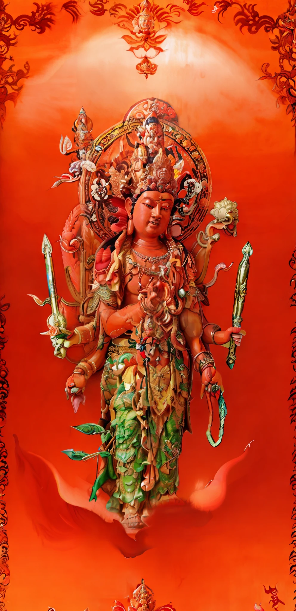 painting of a red god with a sword and a hat, asura from chinese myth, narasimha, vishnu, kali, attractive male deity, oni, hindu god, evil god, mara demon, mika kurai demon, thangka, by Kanō Tan'yū, by Caroline Mytinger, 3 spring deities