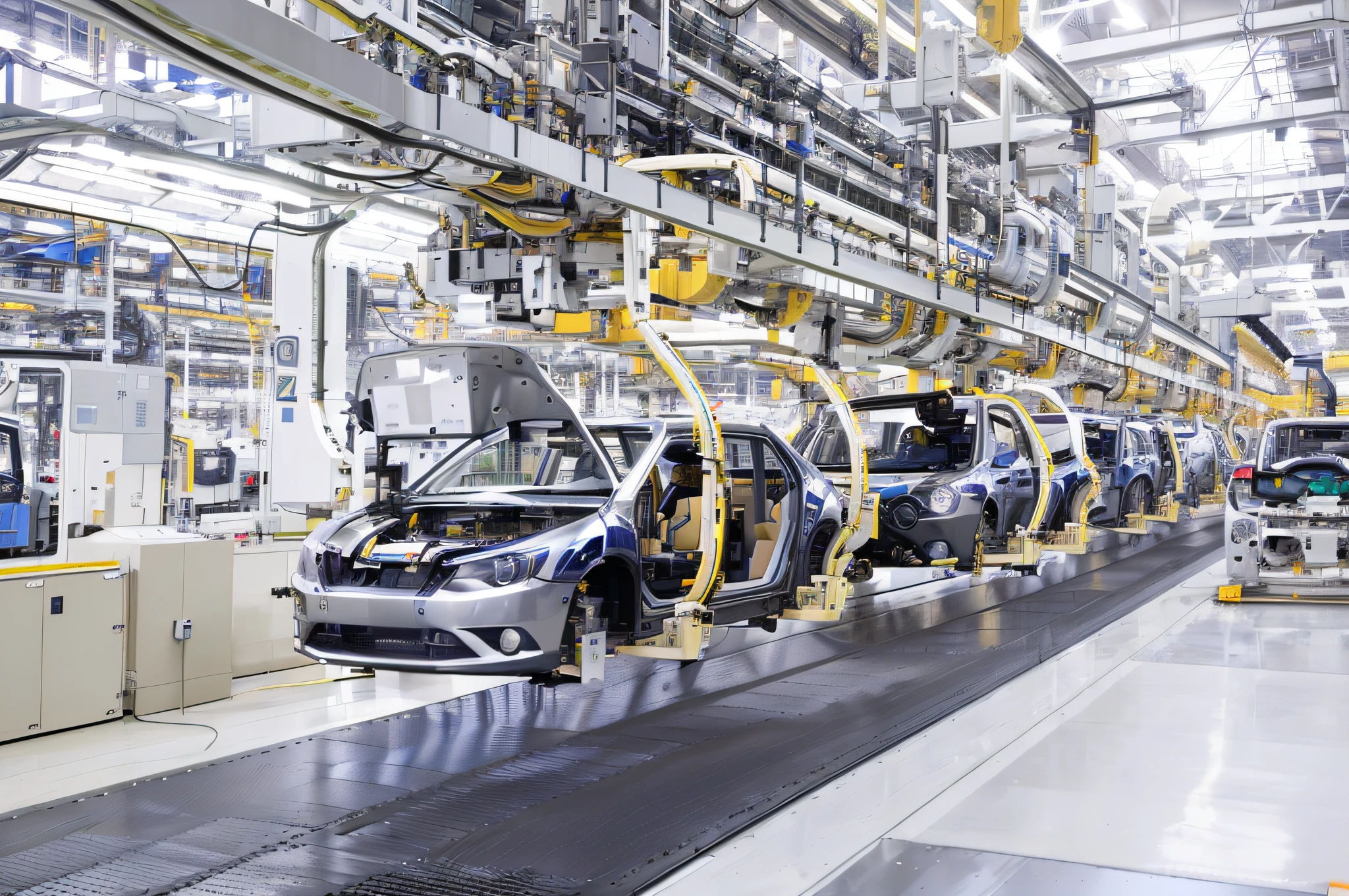 a close up of a car assembly line with cars on it, manufacturing, in a factory, factory floor, detailed factory, industries, interior of a huge robot factory, automotive, industrial factory, factories, advanced technology, highly mechanical, hoyte van hoytema, robot machinery, huge factories, robotic machines, industrial complex, industry, futuristic production facility, future technology