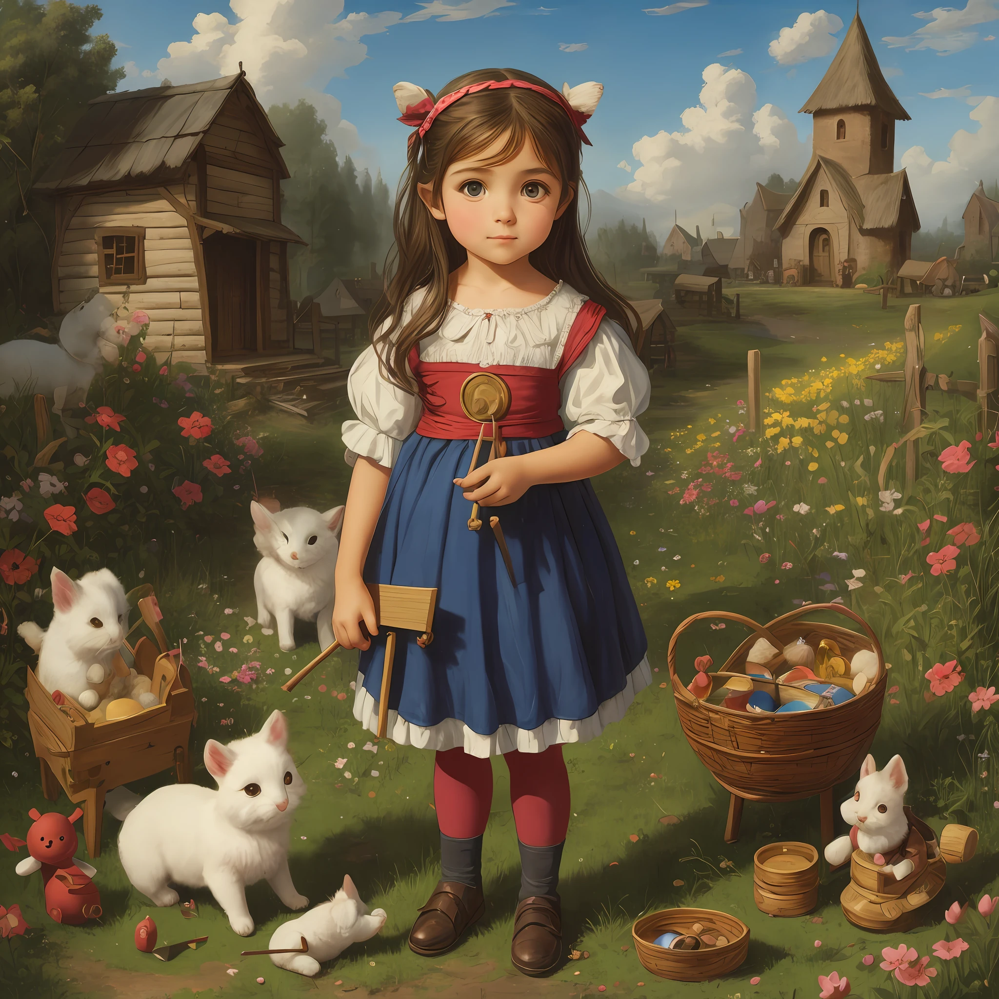 Cute beautiful  girl Virgin dressed up, not looking at the camera, with action, full body, landscape, village, toys from the 90s of the 10th century, small animals, food, experimental tools, magic, oil painting, pop surrealism