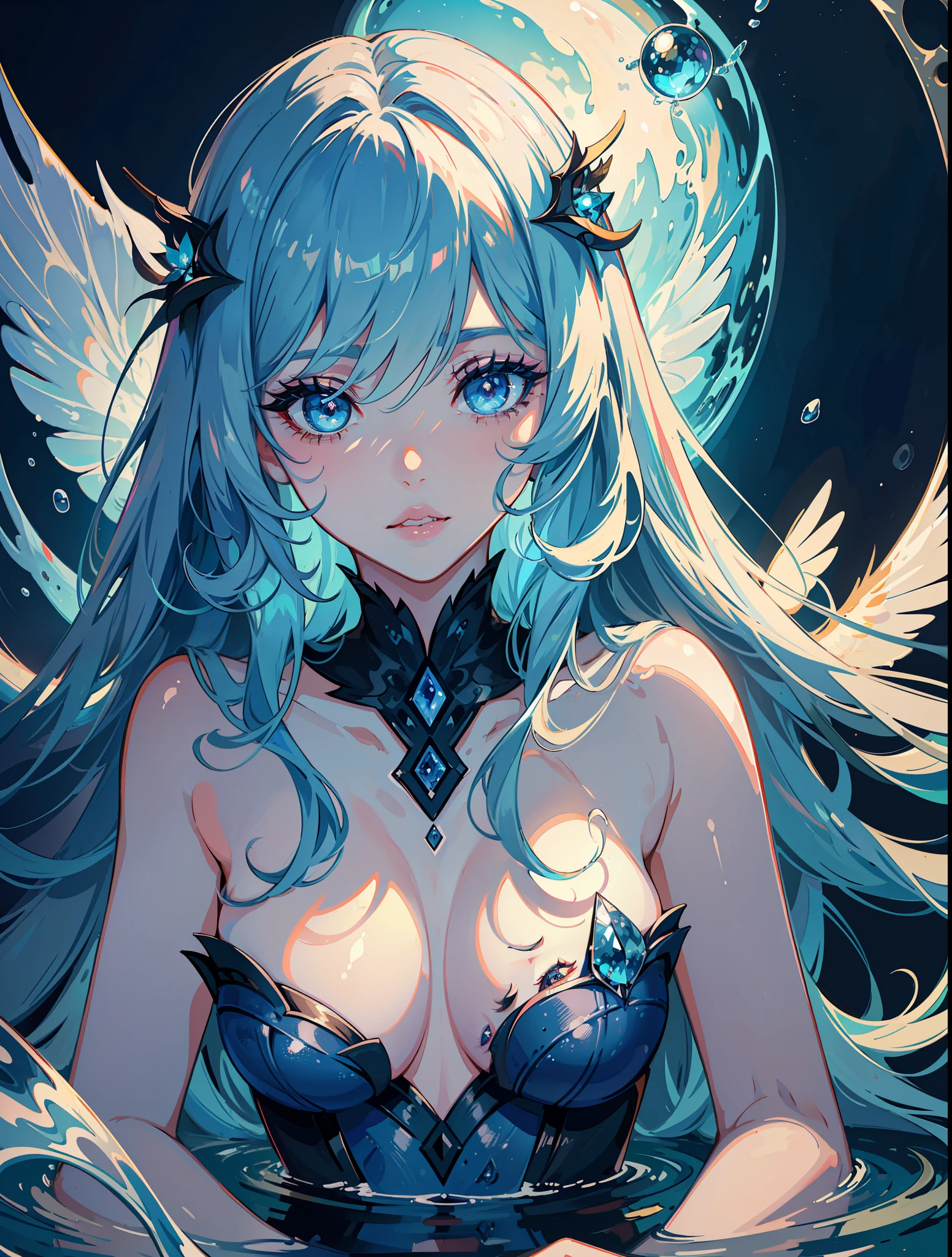 ((masterpiece)), ((best quality)), ((an extremely delicate and beautiful)), highres, original, extremely detailed wallpaper,1girl, solo focus, Masterpiece, best quality, (bright playful eyes, detailed pupils:1.1), Spirit girl, blue skin, (water nymph:1.2), liquid skin, spirit, spirit body, gaseous form, water magic, water aura, glowing magical tattoos, makeup, eyelashes, long eyelashes, thick eyelashes, thick lips, parted lips, big lips, sexy lips, big mouth, sexy mouth,