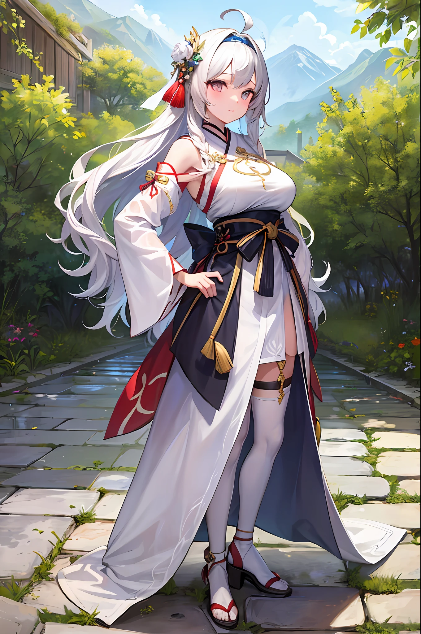 (Masterpiece: 1.5), (Best Quality: 1.5), (Super Fine: 1.5), Illustration, 1 Girl, Solo, (Building), Perfect Face, Radiant Skin, Long Hair, Beautiful Delicate Eyes, Beautiful Long Flowing Hair, (ru_qun: 1.5), (Hanfu: 1.5), Hanfu, White Dress, White Stockings, (Bloom), Lighting, Ray Tracing, Outdoor, Mountains, Nature, Hair Accessory, Headband, Hands on Hips, Looking at the Audience, Ahoge, Big Breasts, (depth of field: 1.5),