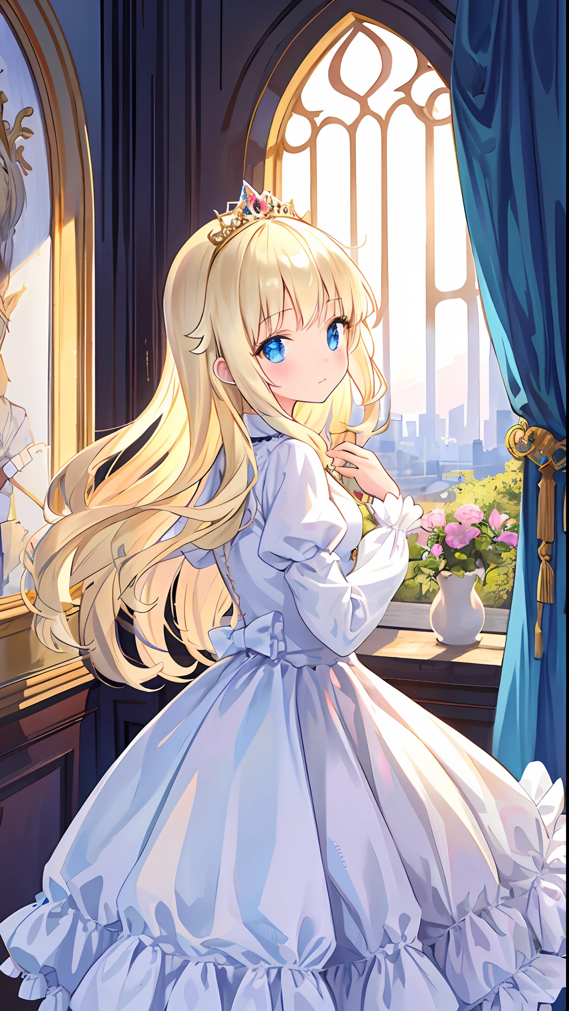 beautiful illustration, best quality, cute girl, indoor, (princess), white dress, tiara, (petite), blond long hair, from side, castle, cowboy shot