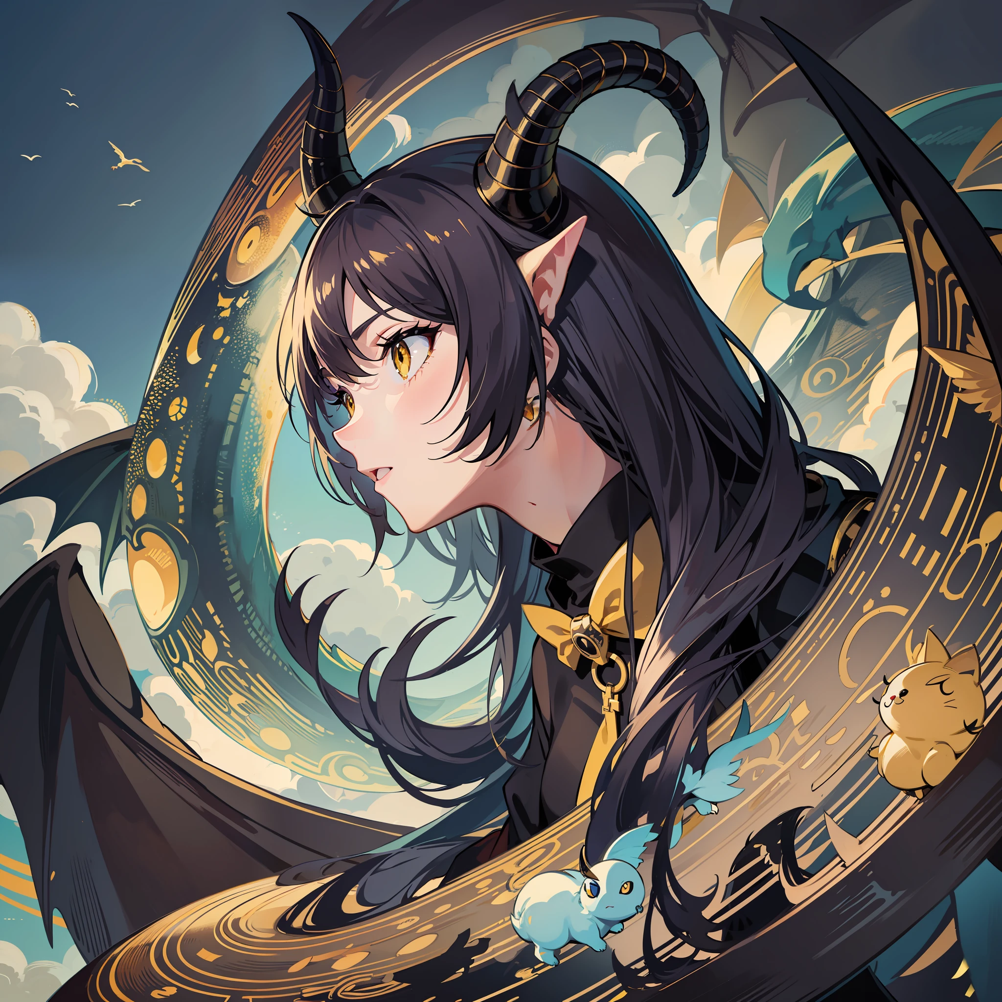Fly in the sky, horns, tail, yellow eyes, cute, surrounded by dragons, cute girl