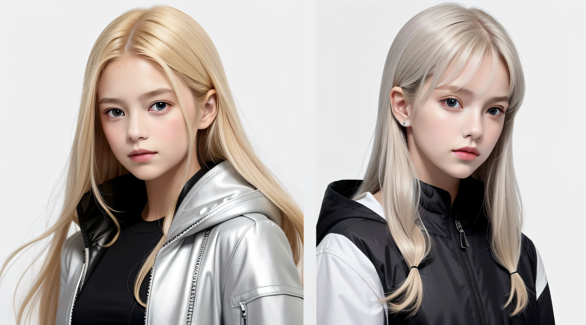 CHILDREN girls 10 years old, BLONDE hair, long hair, SILVER JACKET, masterpiece, best quality, realistic, broad shoulders, small head, upper body, (white background: 1.3), mouth closed.