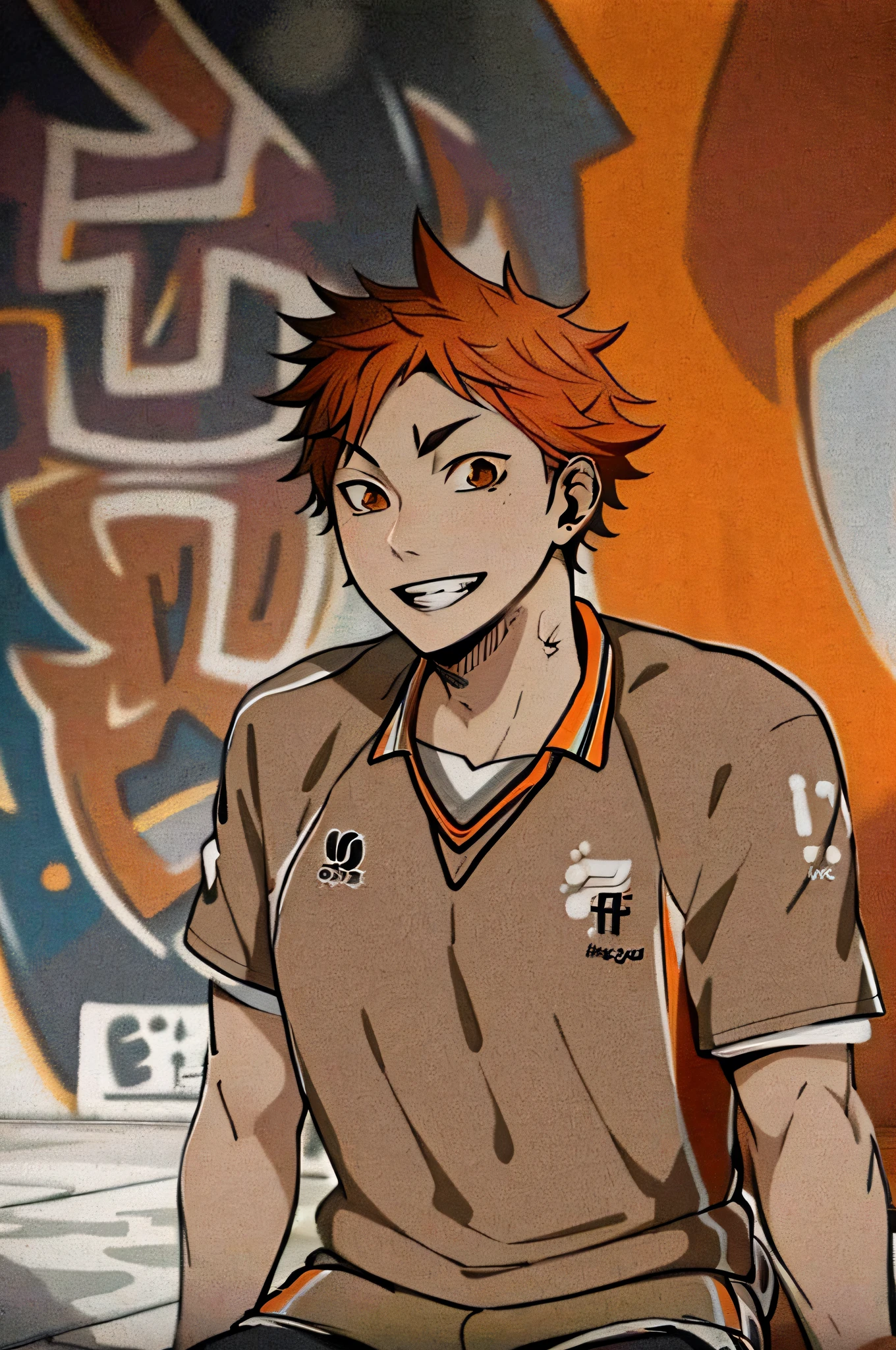 HD, (Best Detail) (Best Quality) Alafard Young Man Sitting in Front of Graffiti-covered Wall, Hinata Shoyo, Ultra-detailed Face, Playing Volleyball, Short Orange Hair, Volleyball Costume, Focused Eyes, Short Neck, Pointed Chin, Cat's Eyes,