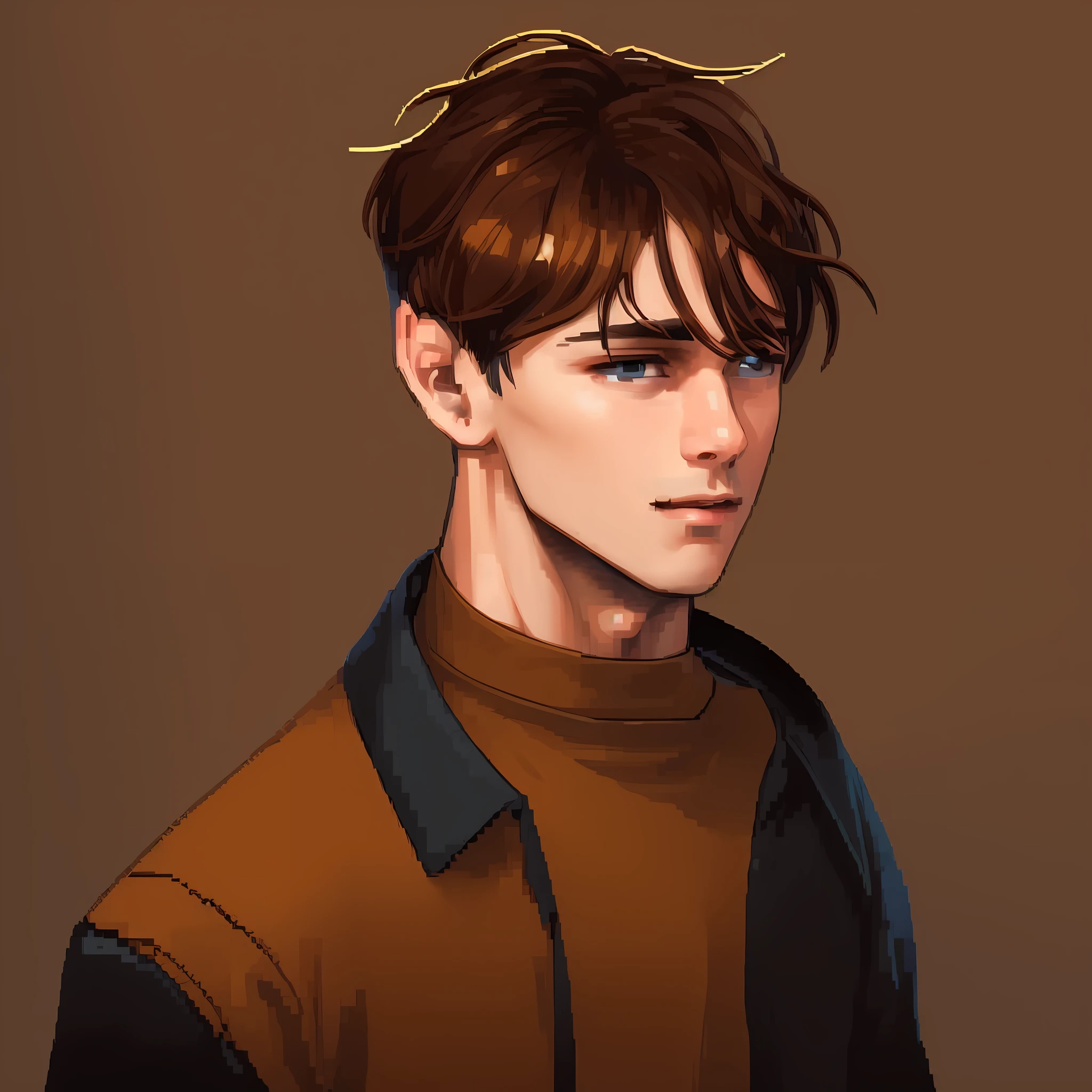 ((pixelart)) 1guy, solo, brown hair, plain background, black background, portrait, (brown hair: 1,3), (black short-sleeved shirt)