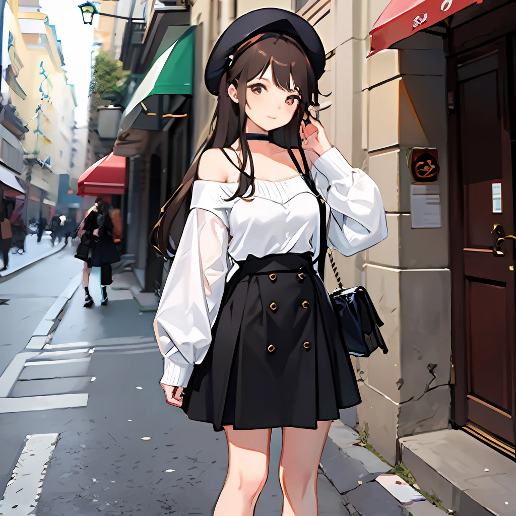 masterpiece, best quality, 1girl, bag, upper body, street, bangs, bare shoulders, beret, black footwear, black headwear, brown eyes, brown hair, closed mouth, handbag, hat, holding, longhair, long sleeves, looking_at_viewer, off shoulder, shoes, skirt, sleeves_past_wrists, socks, solo, sweater, white legwear Negative