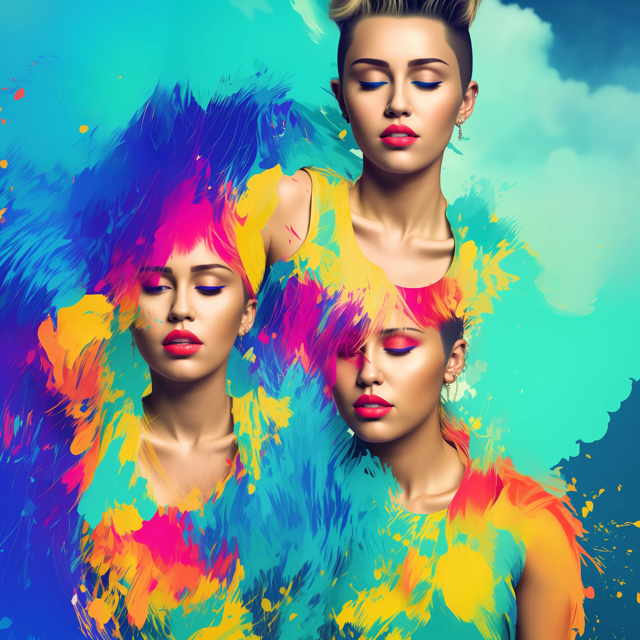 award winning half body portrait of sks woman in a croptop and cargo pants with ombre navy blue teal hairstyle with head in motion and hair flying, paint splashes, splatter, outrun, vaporware, shaded flat illustration, digital art, trending on artstation, highly detailed, fine detail, intricate