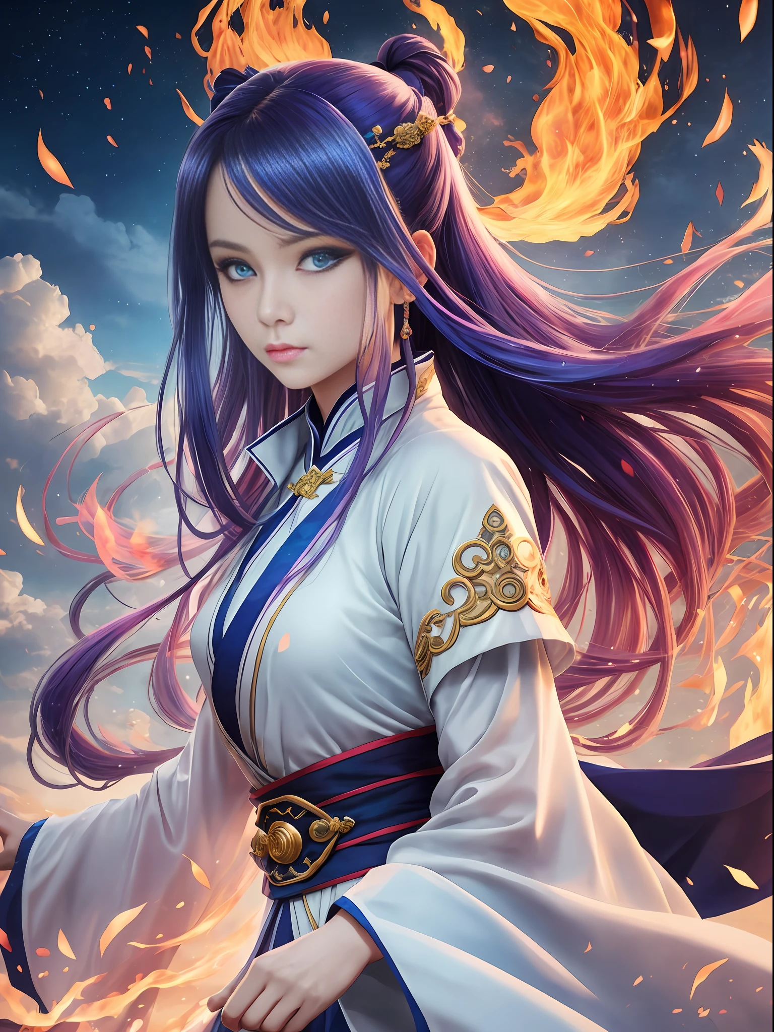 Dynamic angle, dynamic pose, blue eyes, neck ribbon, beautiful face, too many drops of water, cloud, twilight, infrared, cosmic being, Earth Element, Wind Element, multi-coloured hair, white wuxia clothes, , Fire Element, , vivid,