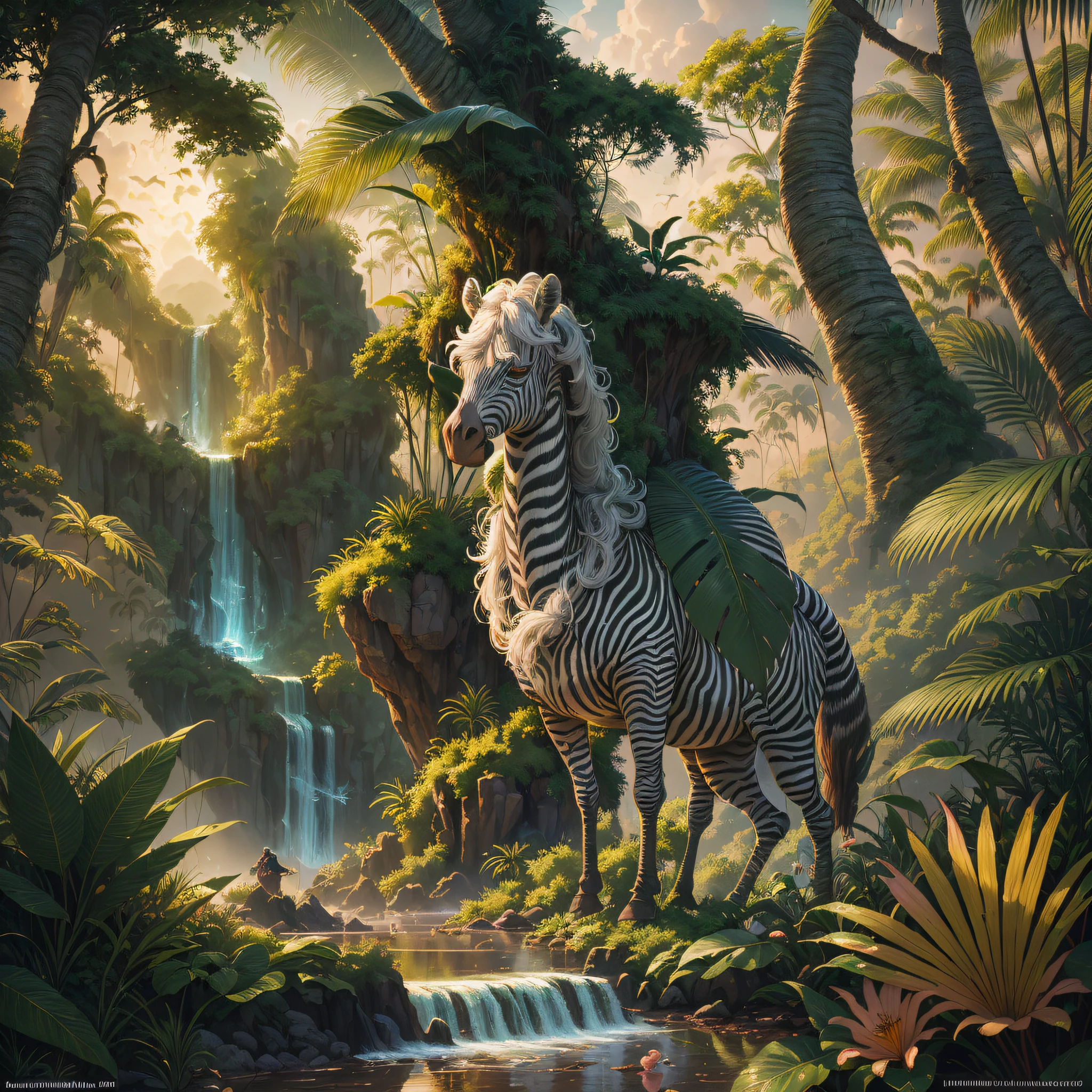 In a mountainous dense tropical jungle, gnomes and magical fairies, a winged zebra flying in the background and flamingos in a dense jungle, dense tropical jungle, lush palm trees, wet foliage after heavy rain, sunset shining through the leaves of the trees, beautiful digital artworks, magnificent animals, Beeple and James Jean, Beeple and Tim Hildebrandt,  digital fantasy illustration, highly detailed digital painting, behance quality, stunning digital illustration, award-winning painting, highly detailed digital art, beautiful digital illustration, artstation, artstation trend, cinematic lighting and HDR on stage IA, chromatic aberration, depth of field, intricate, bokeh, trend in CGsociety, dramatic, axis of the sun, masterpiece, (masterpiece, best quality: 1.2), 1time of heavy rain, creating a mystical situation of enchantment, behance trend, zebra standing on a rock in a tropical jungle with a waterfall, fantasy jungle, lush oasis, mysterious jungle painting, beautiful jungle, magical jungle, highly detailed 4k digital art, 4k detailed digital art, jungle landscape, inspired by T.I. Hildebrandt, behance fantasy art