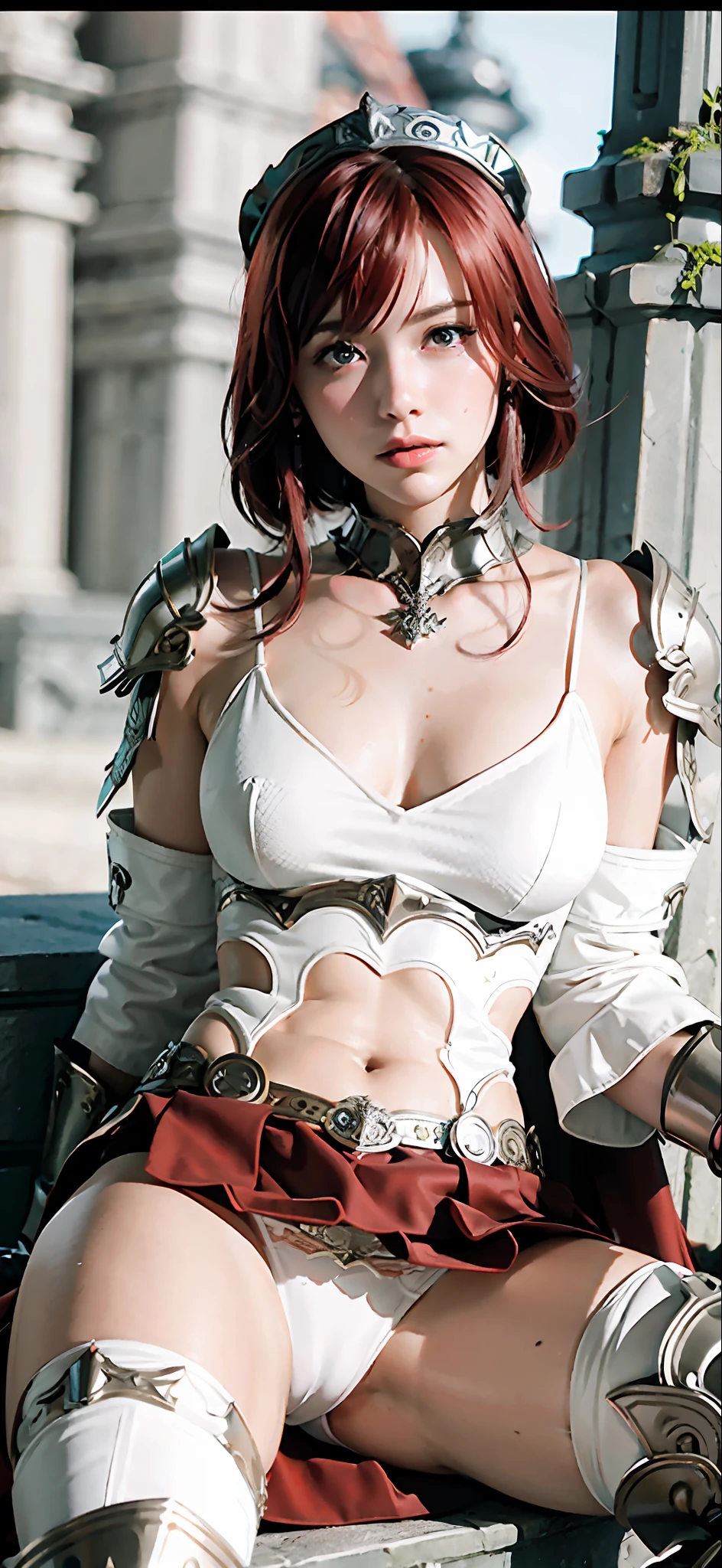 Redhead warrior, armor, medieval fantasy, D&d, RPG, outdoor, landscape: open field, ultra realistic, ultra detailed, best quality, 8k, wallpaper, steel breastplate, steel gauntlets, steel gloves, sitting, open legs, red skirt, tiny panties, tight panties, white panties, panty view, upskirt, cameltoe, pantyshot, RAW,