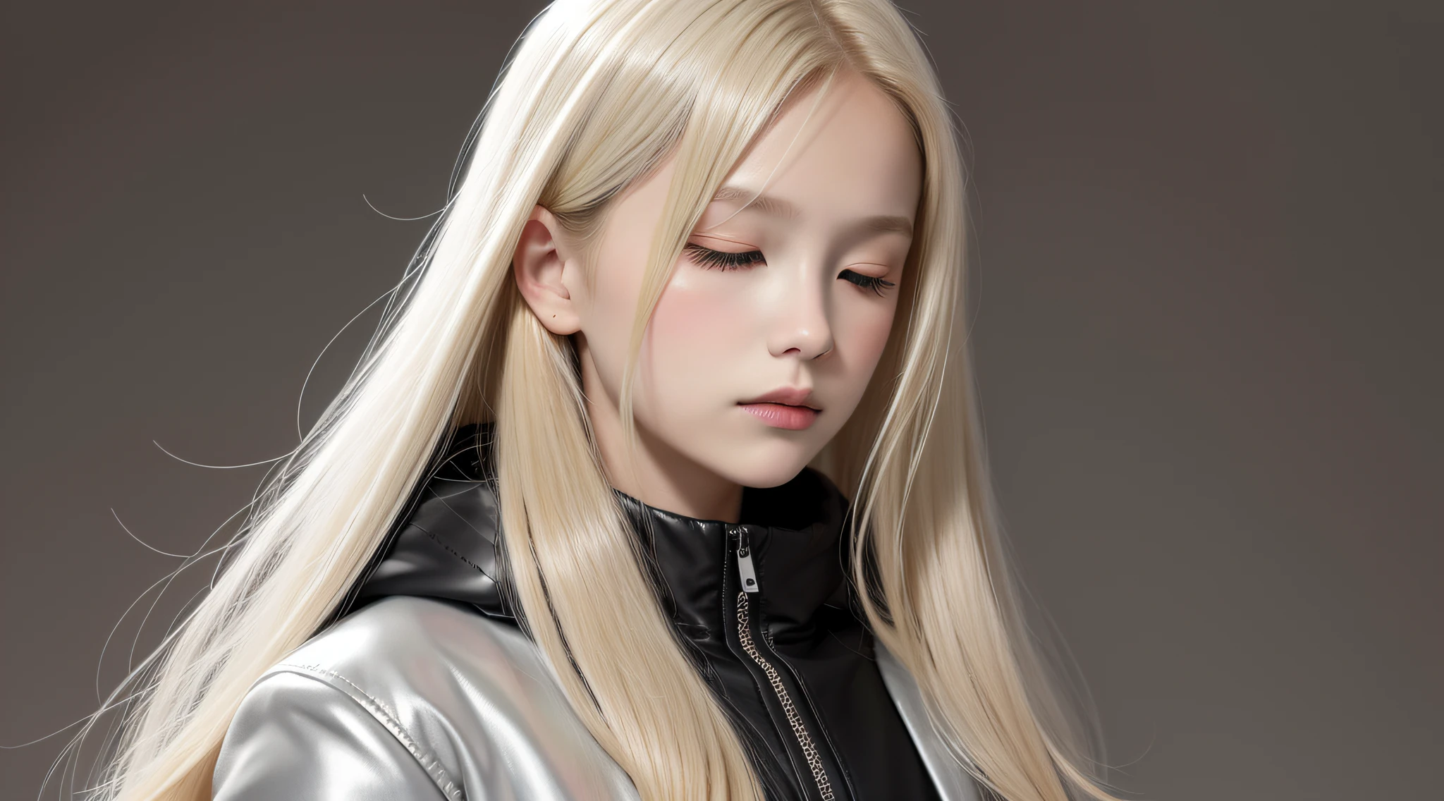 CHILDREN girls 10 years old , BLONDE hair long hair, SILVER JACKET, masterpiece, best quality, realistic, broad shoulders, small head, upper body, (white background: 1.3), mouth closed.