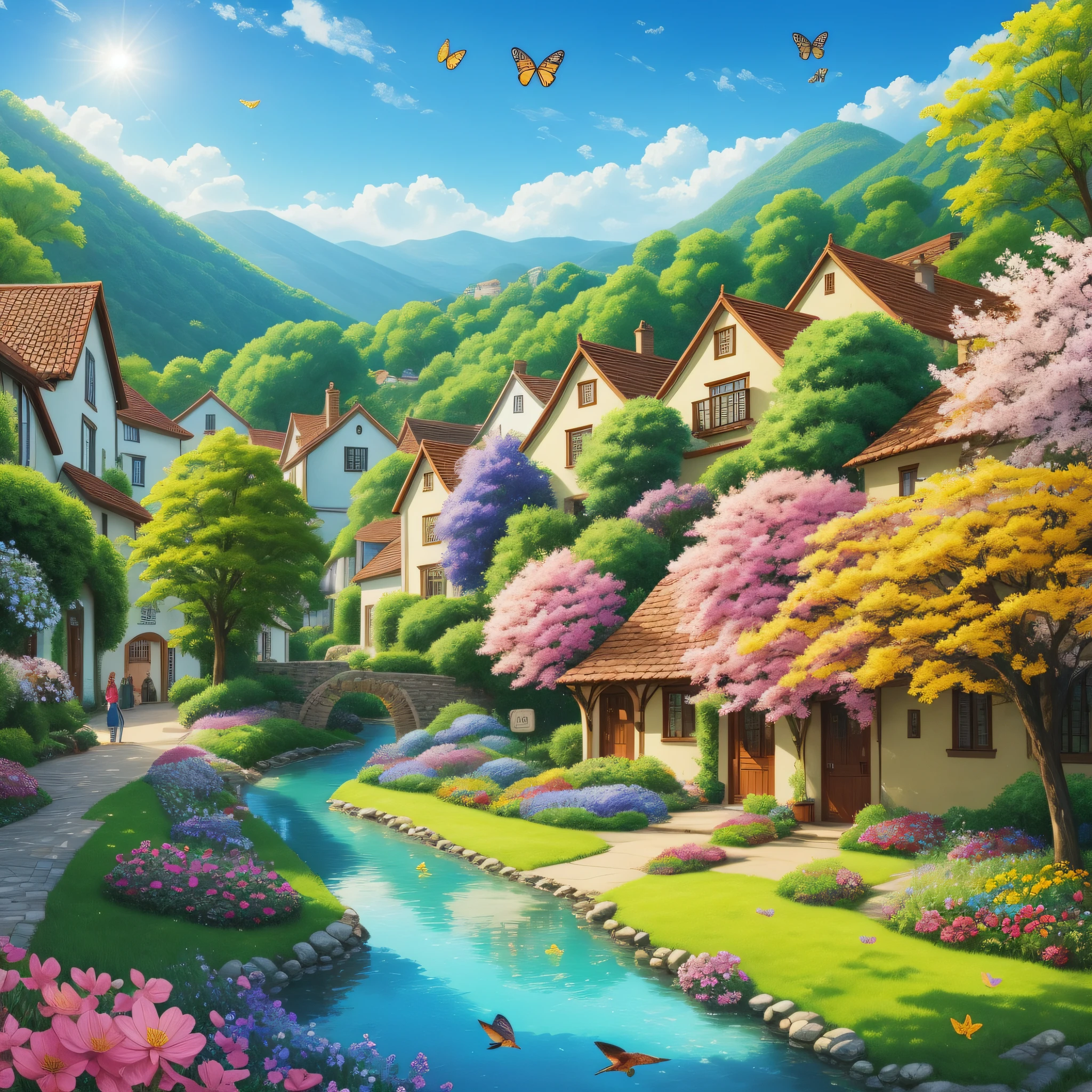 Create a captivating digital artwork that depicts a picturesque countryside village on a vivid summer day. Immerse viewers in the tranquility and natural beauty of this idyllic setting, with lush trees and blooming flowers, accompanied by the cheerful presence of birds and butterflies.
The countryside village should be the heart of the composition, radiating charm and warmth. Capture the essence of a peaceful rural community with quaint houses, winding paths, and colorful rooftops. Pay attention to the architectural details, such as windows, doors, and chimneys, adding a touch of character to each building.
Surround the village with a flourishing landscape, abundant with trees and flowers. Depict tall, leafy trees that provide shade and a sense of tranquility. Show flowers in full bloom, with a vibrant array of colors, dotting the landscape and filling the scene with natural beauty. Incorporate details such as petals, leaves, and delicate textures to enhance the realism of the flora.
Animate the scene with the presence of birds and butterflies. Portray birds perched on branches, in flight, or singing their melodious songs. Let butterflies flutter among the flowers, adding a touch of whimsy and grace to the composition. Include various species and colors to create a diverse and vibrant ecosystem.
Capture the essence of a vivid summer day through the use of lighting and colors. Illuminate the scene with warm sunlight, casting soft shadows and creating a pleasant atmosphere. Employ a vibrant color palette, with hues of green, blue, yellow, and pink, to evoke the vibrancy and energy of the season.
Through meticulous attention to detail and a delicate balance of elements, create an artwork that transports viewers to a peaceful countryside oasis. The beautiful village, lush trees, blooming flowers, birds, and butterflies will evoke a sense of harmony and invite viewers to bask in the joyous ambiance of a perfect summer day