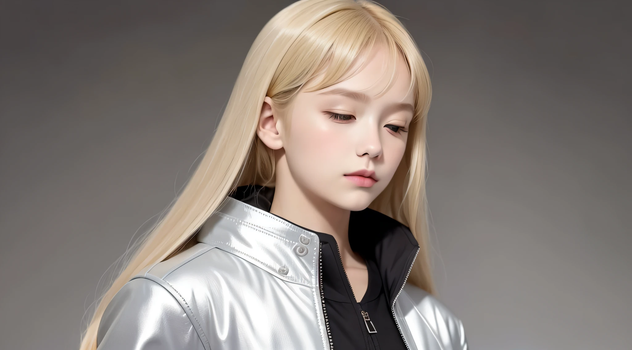 CHILDREN girls 10 years old , BLONDE hair long hair, SILVER JACKET, masterpiece, best quality, realistic, broad shoulders, small head, upper body, (white background: 1.3), mouth closed.