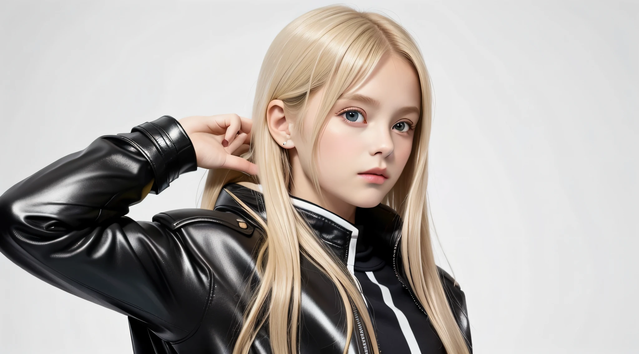 CHILDREN girls 10 years old, BLONDE hair long hair, SILVER leather jacket, masterpiece, best quality, realistic, broad shoulders, small head, upper body, (white background: 1.3), closed mouth.