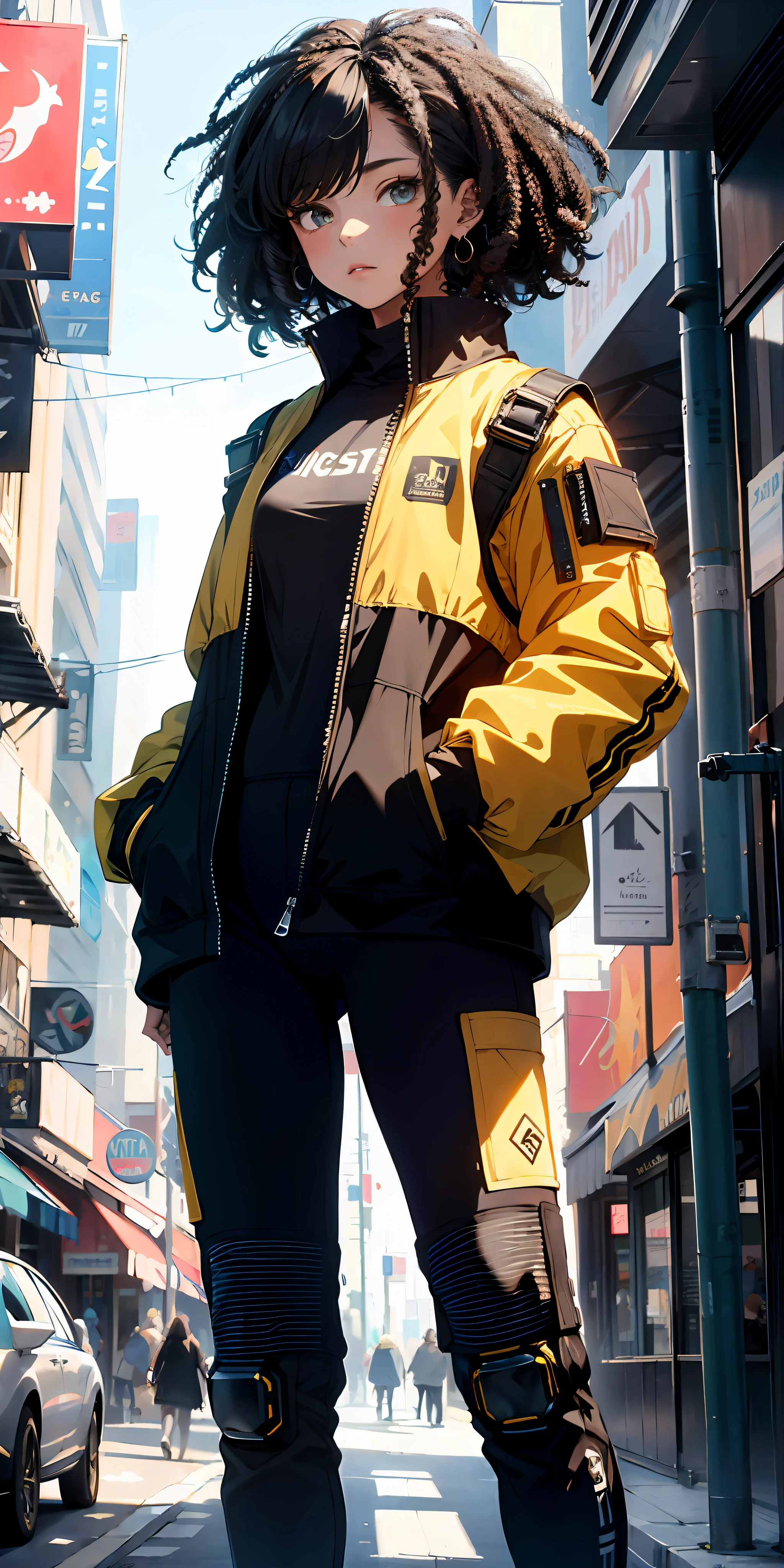 (masterpiece:1.4), 1girl, Wear a lightweight spacesuit, no helmet,absurdres, (masterpiece:1.4), ultra-detailed, 1girl, stand up, space uniform,2023 fashion, cyberpunk streetwear, black and yellow, black curly hair