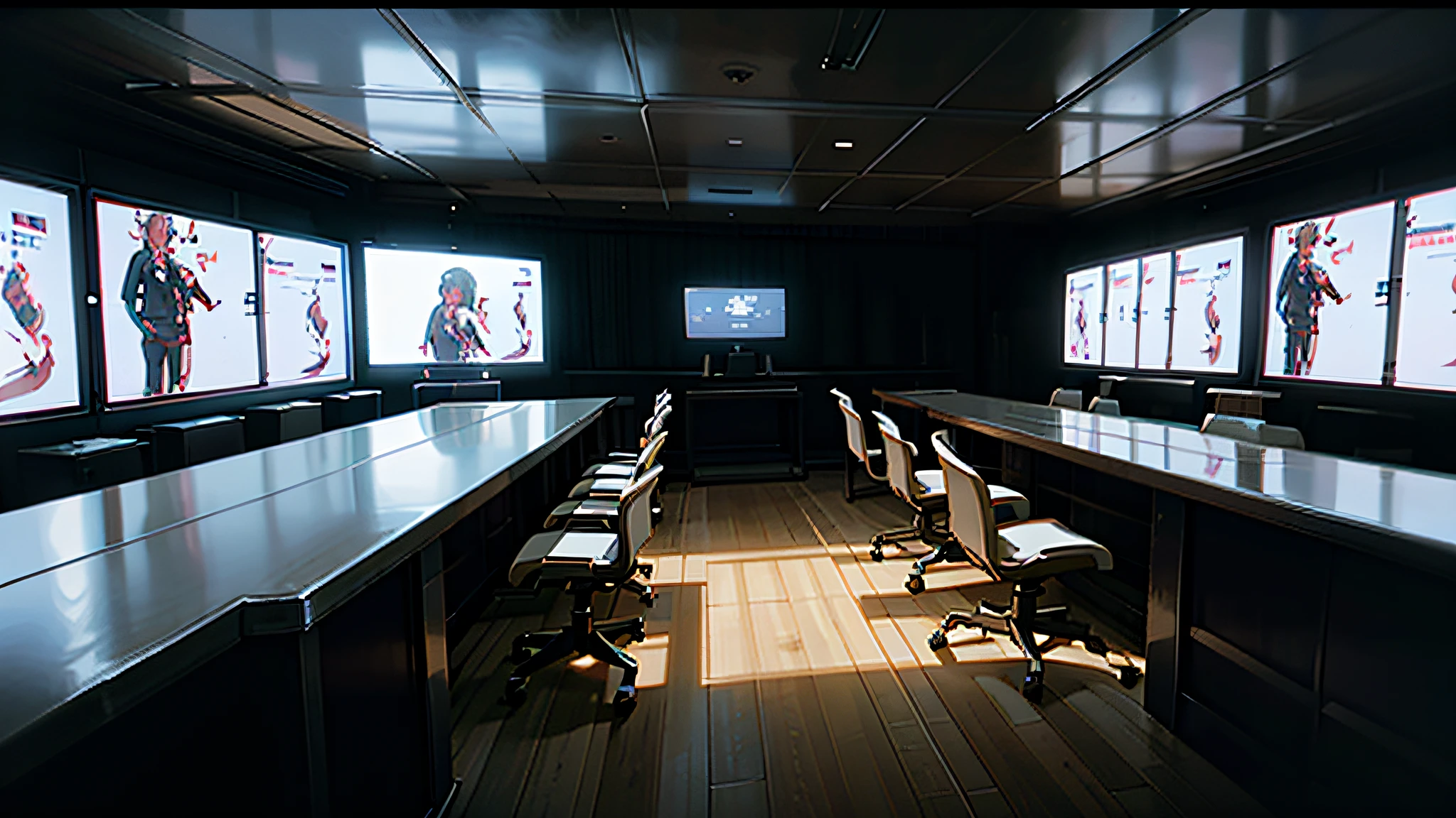 There are a lot of computer desks and chairs and a large screen, oversized room, lots of computer desks, lecture halls and command rooms, offices, futuristic clone facilities, wide angle, "wide angle overhead lens, headquarters", overhead view, 45° angle, "command room", high floors, extremely detailed data center, in realistic data center, futuristic government conference hall, digital screens on the wall, interior of the hall of Area 55, futuristic sports field, high-tech environment