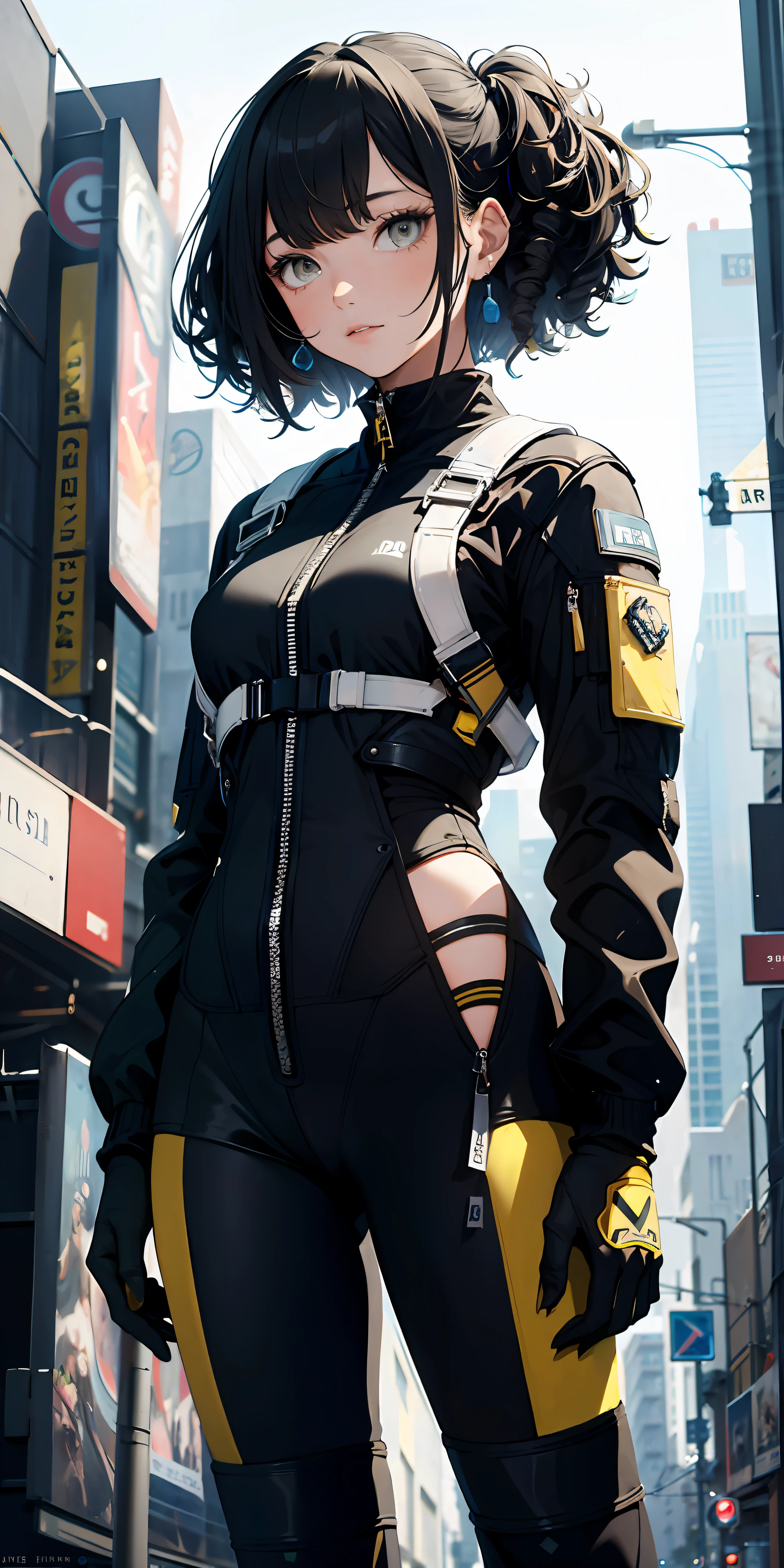 (masterpiece:1.4), 1girl, Wear a lightweight spacesuit, no helmet,absurdres, (masterpiece:1.4), ultra-detailed, 1girl, stand up, space uniform,2023 fashion, cyberpunk streetwear, black and yellow, black curly hair