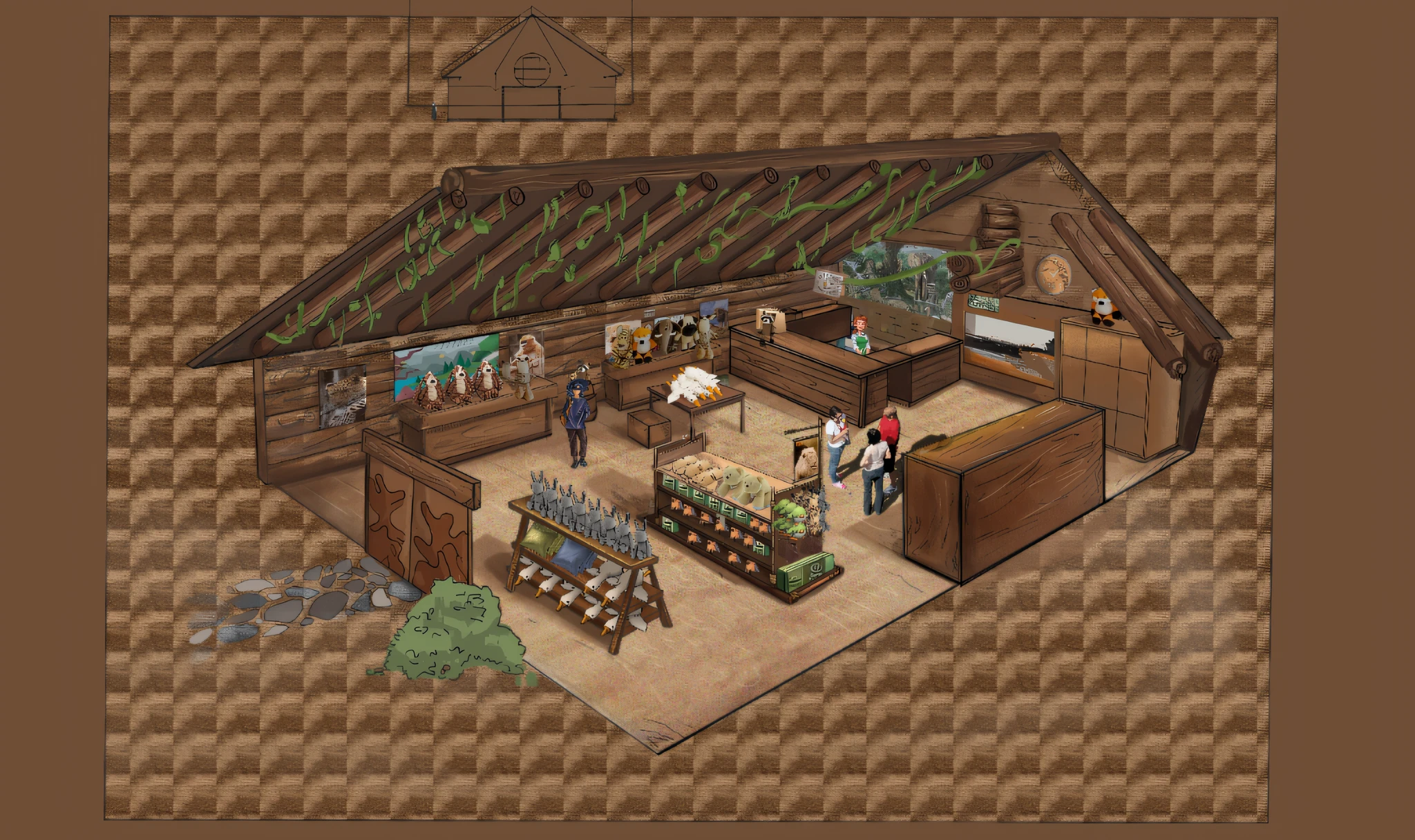 there is a drawing of a store with people inside of it, concept art, concept art, concept art!, weapon shop interior, concept art for a video game, concept art highly detailed, a multidimensional cozy tavern, finished concept art, market setting, library of ruina concept art, concept art!!, a digital rendering, establishing shot, fantasy vendor interior, concept artwork