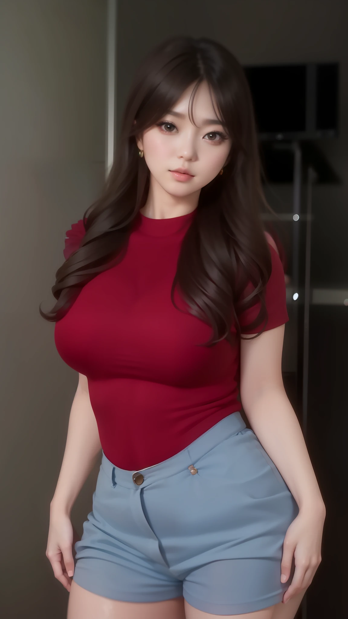 beautiful female k-pop idol, gigantic breasts, huge cleavage, her face is visible, close-up portrait, shot on sony a1, 85mm F/1. 4 ISO 100, medium format, 45 megapixel, studio lighting, softbox, high shutter speed flash photography, award-winning photograph with golden ratio composition, look at viewer